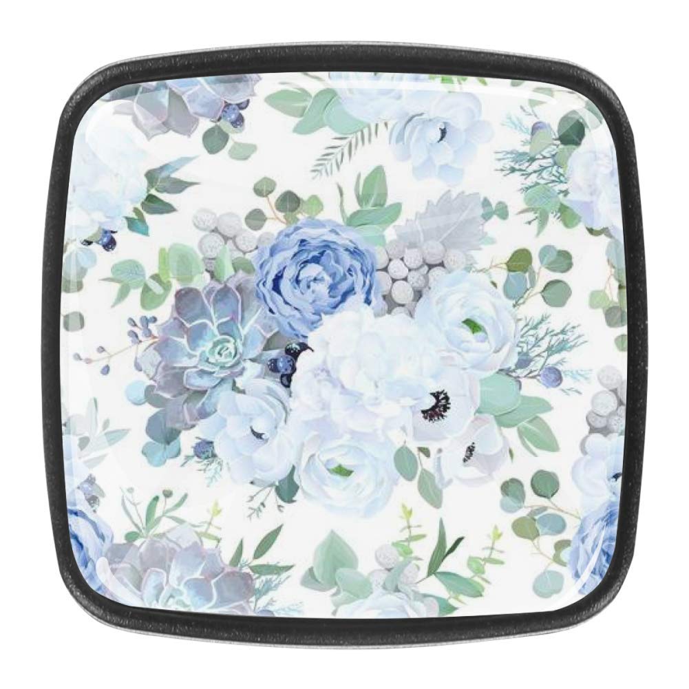Dusty Blue Garden Rose White Anemone Echeveria Succulent Ranunculus Square Cabinet Knobs and Pulls - 30mm Diameter Drawer Dresser Handles with Screws - Perfect for Kitchen Cabinets, Bathroom Vanities & Furniture Upgrades