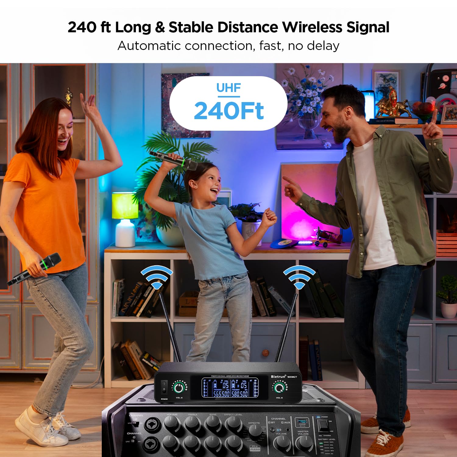 Bietrun Wireless Microphone System - Rechargeable Metal Dual UHF Cordless Dynamic Handheld Mic with 240ft Range & Bluetooth Receiver for Karaoke, DJ, Wedding, Church, Party, Meeting - Perfect for Home Entertainment & Professional Events