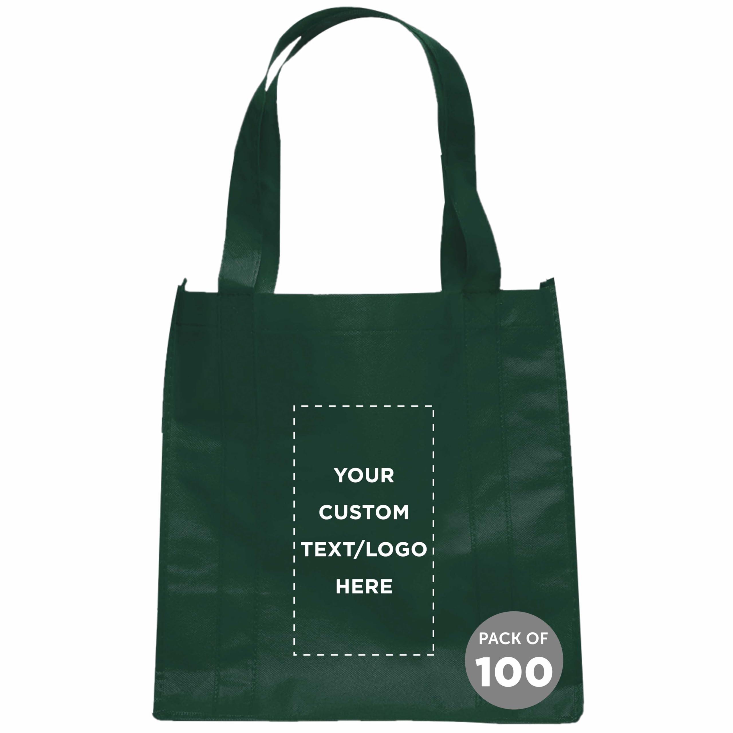 Custom Reusable Grocery Tote Bags 100 Pack - Personalized Logo & Text - Eco-Friendly Foldable Shopping Bags - Forest Green 12.625