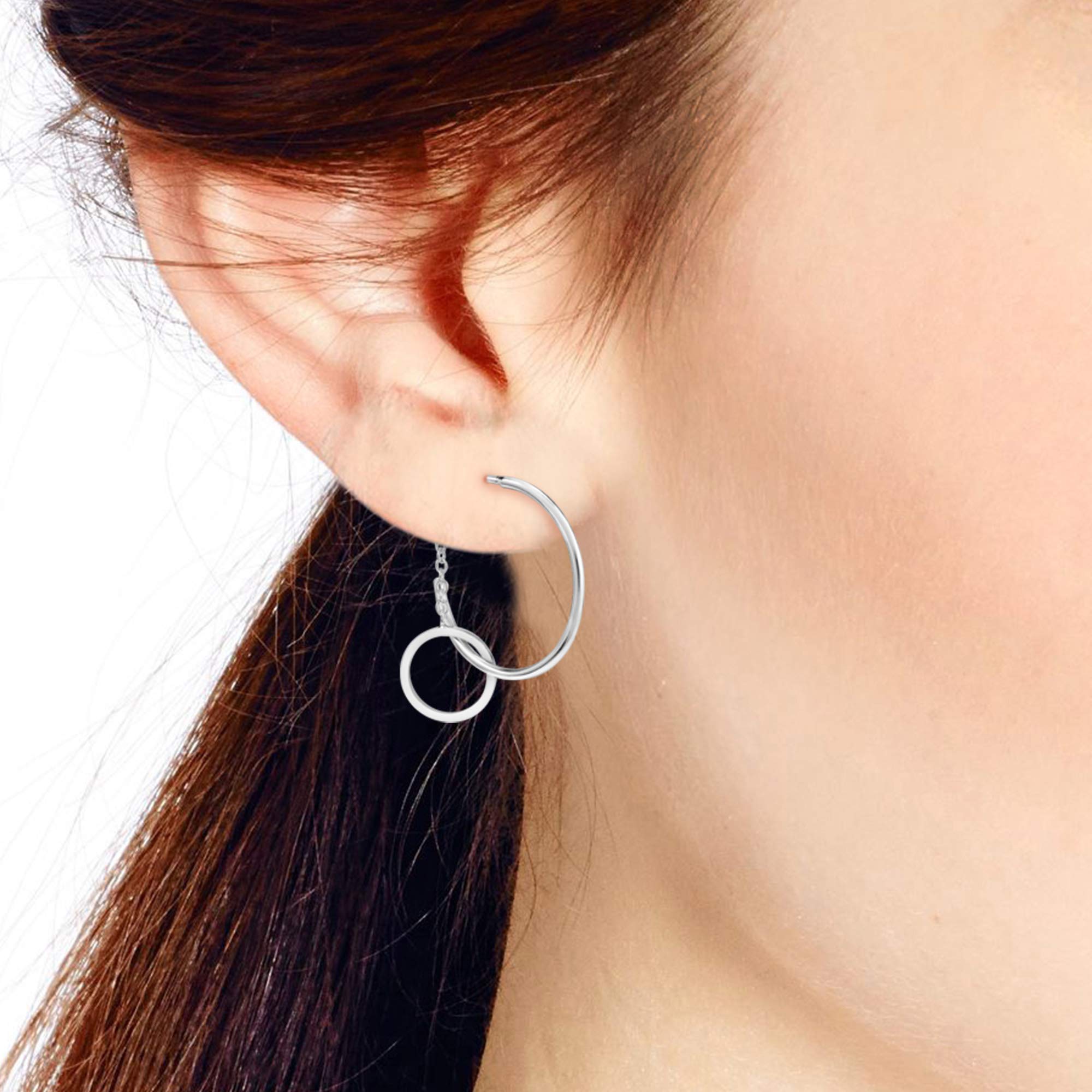 AeraVida .925 Sterling Silver Half Hoop Dangle Earrings for Women - Trendy Round Chain Back Drop Earrings for Party, Wedding & Everyday Wear