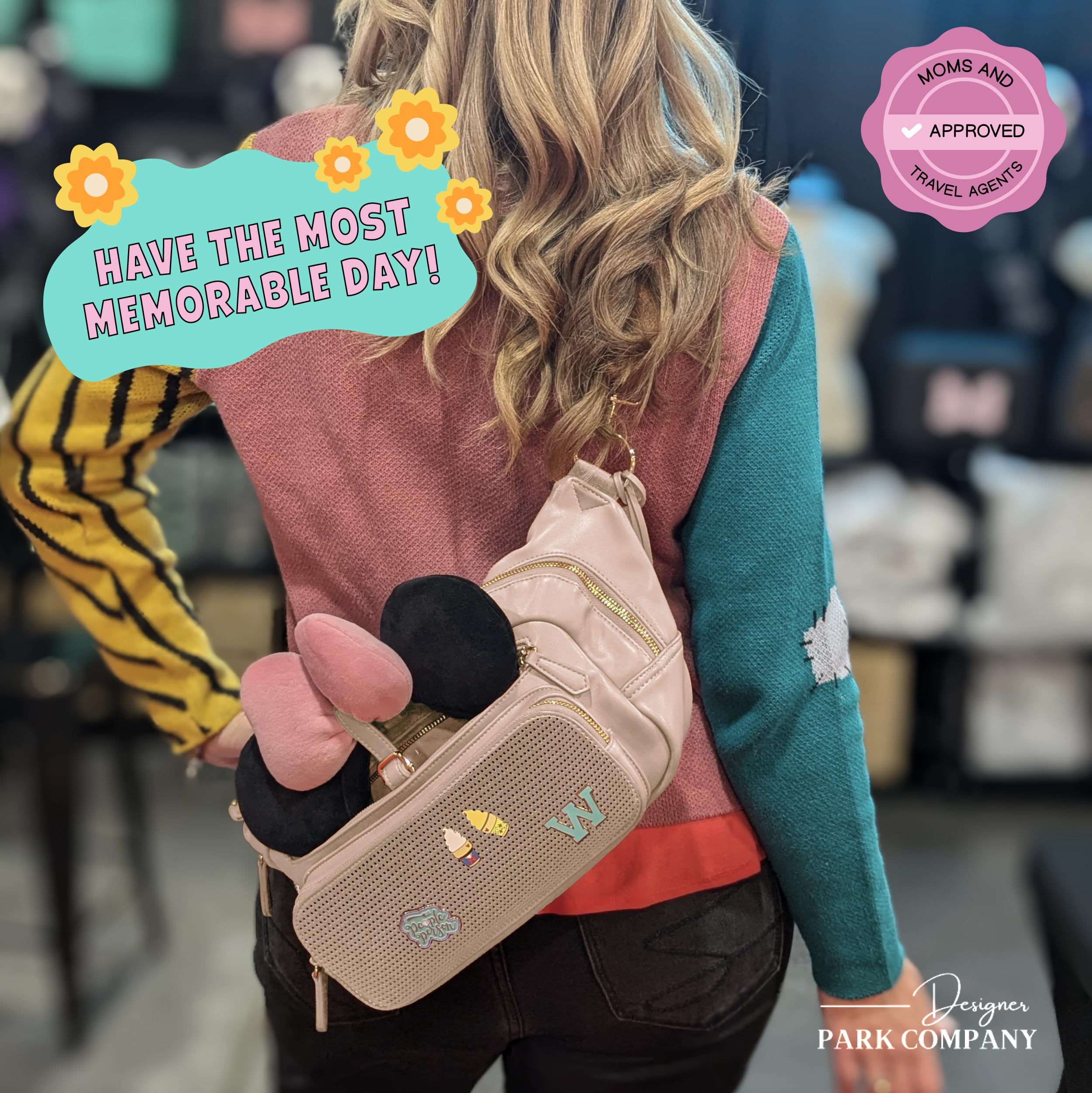 Designer Park Company - Women's Leather Crossbody Bag with Adjustable Strap & Locking Pins, Fashionable Fanny Pack Sling Bag for Theme Parks, Travel, Concerts & Daily Use - Blushed