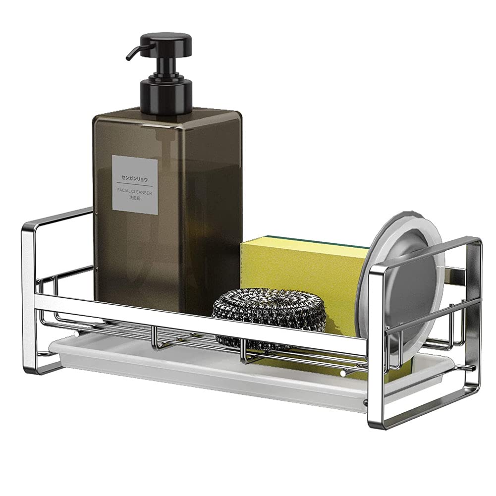 Stainless Steel Kitchen Sink Organizer - Dish Soap & Sponge Holder, Scrub Brush Caddy, Rust-Proof Countertop Cleaning Tool (9.64 x 4.33 x 3.54 inches) - Perfect for Kitchen, Bathroom & Utility Sink Organization