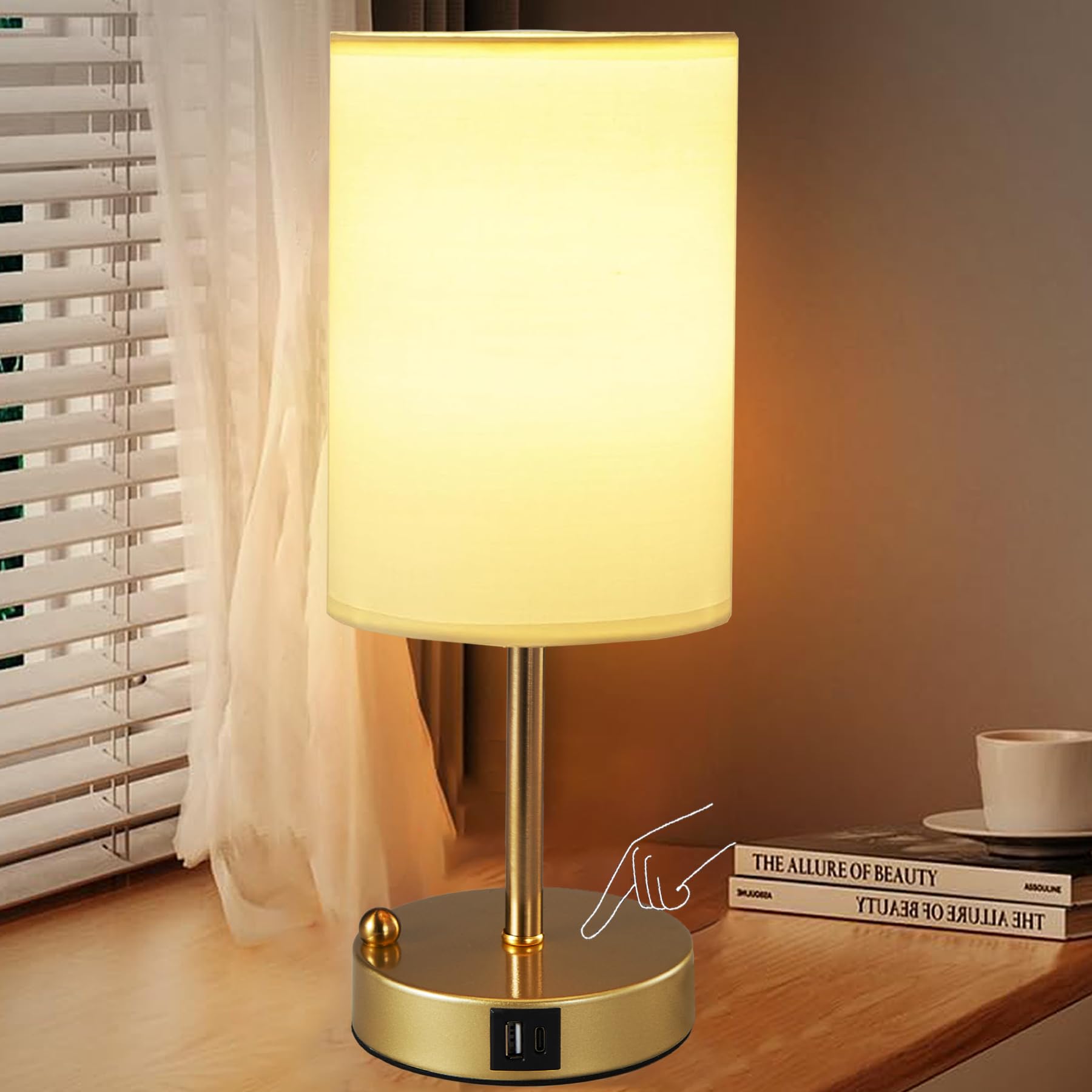 Briever Touch Control Table Lamp - 3-Way Dimmable Bedside Lamp with USB Charging Ports, Gold Phone Stand & Round Linen Shade (Bulb Included) | Perfect for Bedroom Nightstand, Home Office Desk & Reading Nook Lighting