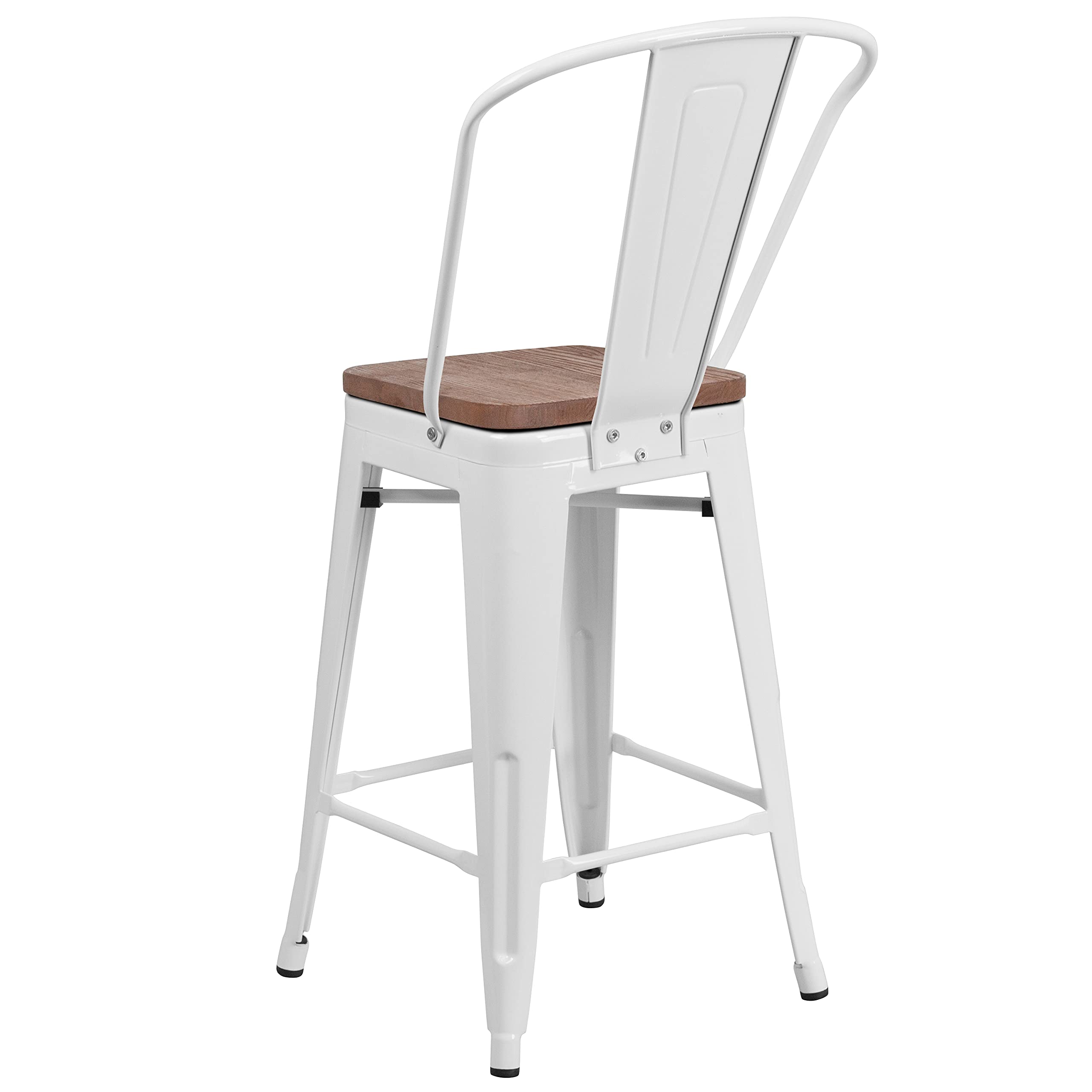 EMMA & OLIVER 24 Inch White Metal Counter Height Bar Stool with Wood Seat & Back Support - Perfect for Kitchen Islands, Breakfast Bars & Dining Tables