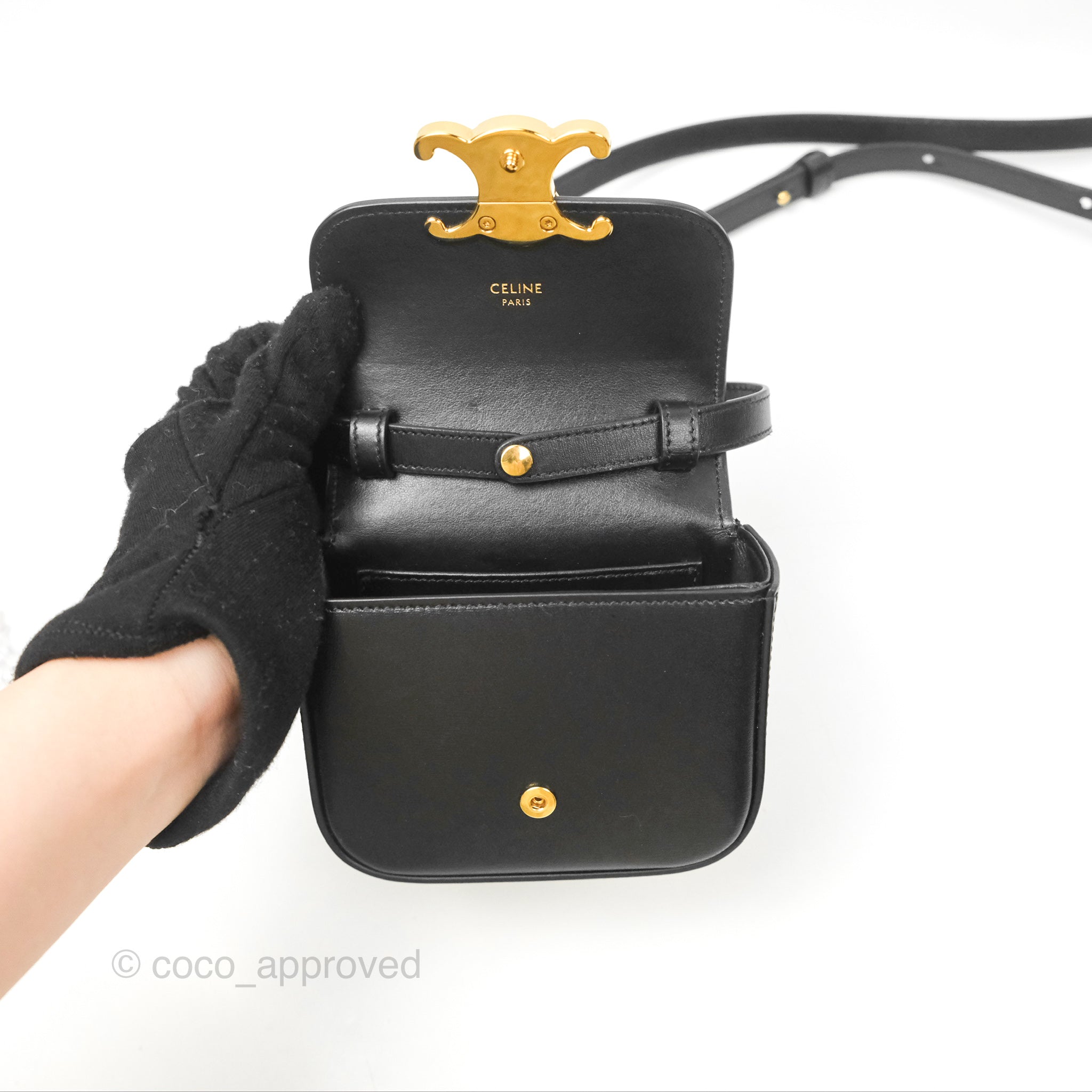 Celine Mini Triomphe Bag in Shiny Black Calfskin Leather - Luxury Crossbody Purse for Women, Perfect for Date Night & Evening Events