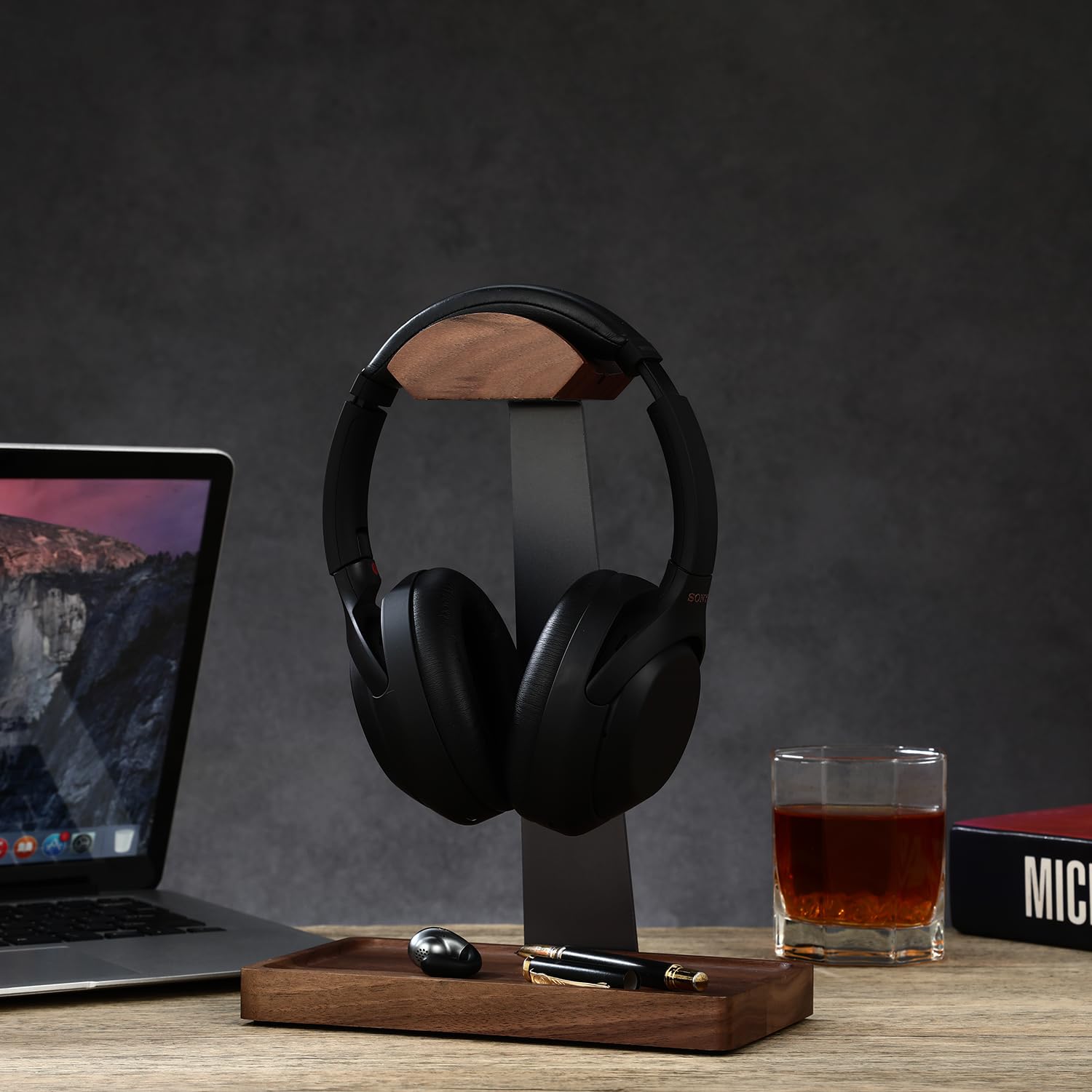 Premium Walnut Wood Headphone Stand with Storage Base - Stylish Desk Organizer for AirPods Max, Bose, Sony, Sennheiser & Gaming Headsets - Perfect Gift for Audiophiles & Gamers - Ideal for Home Office, Gaming Setup & Studio Use