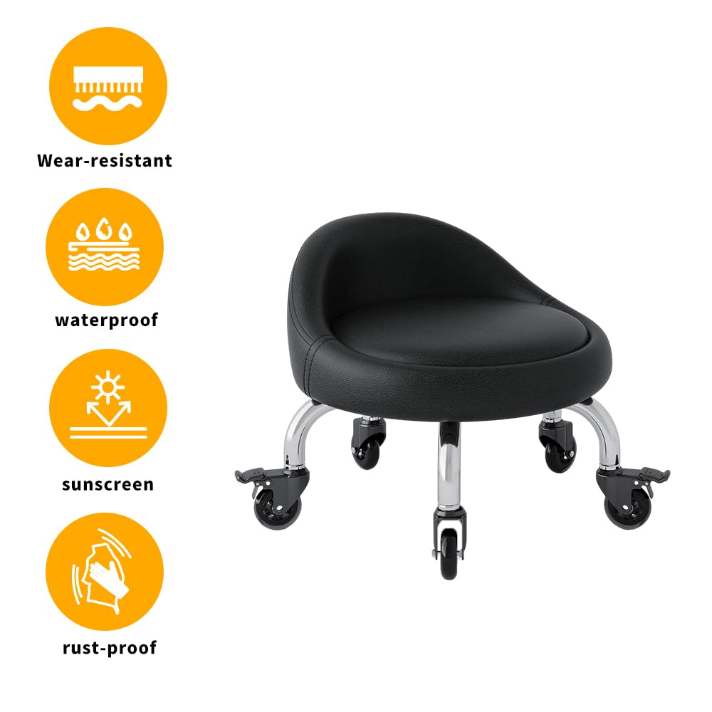 Low Height Rolling Stool with Wheels - PU Leather Adjustable Stool with Backrest & Crystal Universal Casters for Home, Office, Salon | Perfect for Cleaning, Garage Work, Outdoor Picnics & Workspaces (Black)