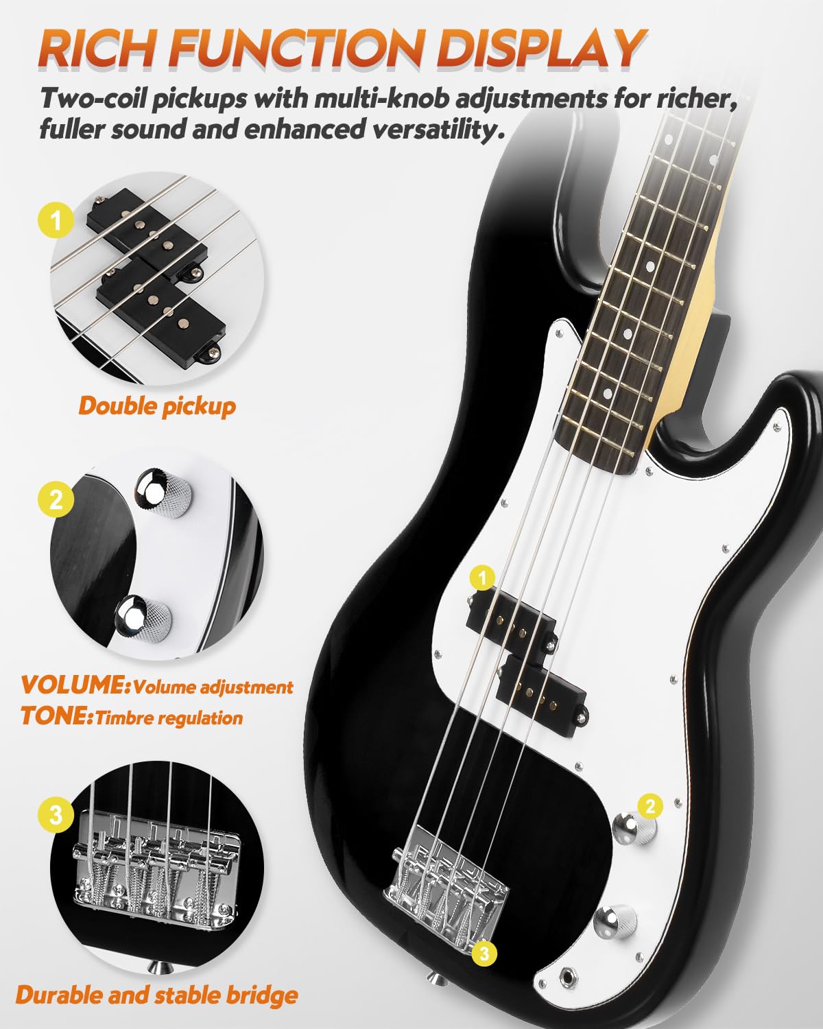STRICH 4-String Electric Bass Guitar Full Size Beginner Kit - PB-Style Standard Bass with 20W Amp, Gig Bag, Tuner, Strap & Cable (SPB-S10 Black) - Perfect for Beginners, Practice & Live Performances
