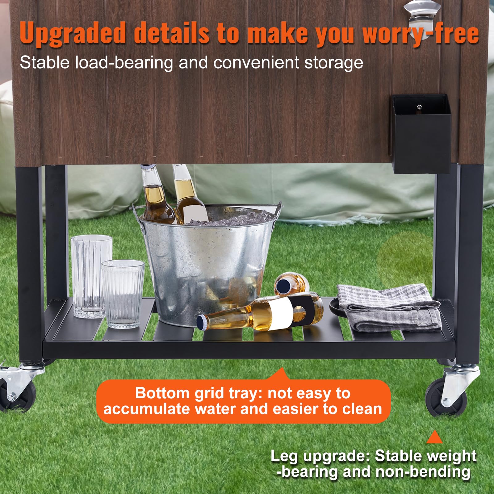 VEVOR 80 Quart Rolling Ice Chest Cooler Cart with Wheels - Portable Beverage Bar Stand, Outdoor Drink Cooler for Patio, Backyard, Pool Party & Tailgating - Includes Bottle Opener, Handles & Teak Wood Accent - Brown (Ideal for BBQs, Camping, Beach Trips & Outdoor Events)