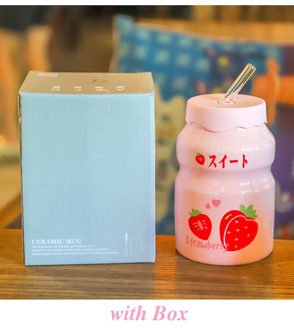 Kawaii Ceramic Mug Set of 4 with Silicone Lid & Straw - Cute Kawaii Water Bottles for Kids, Teens, Adults - Perfect for Home, Office, School, Travel & Gift Giving (Fruit Design)