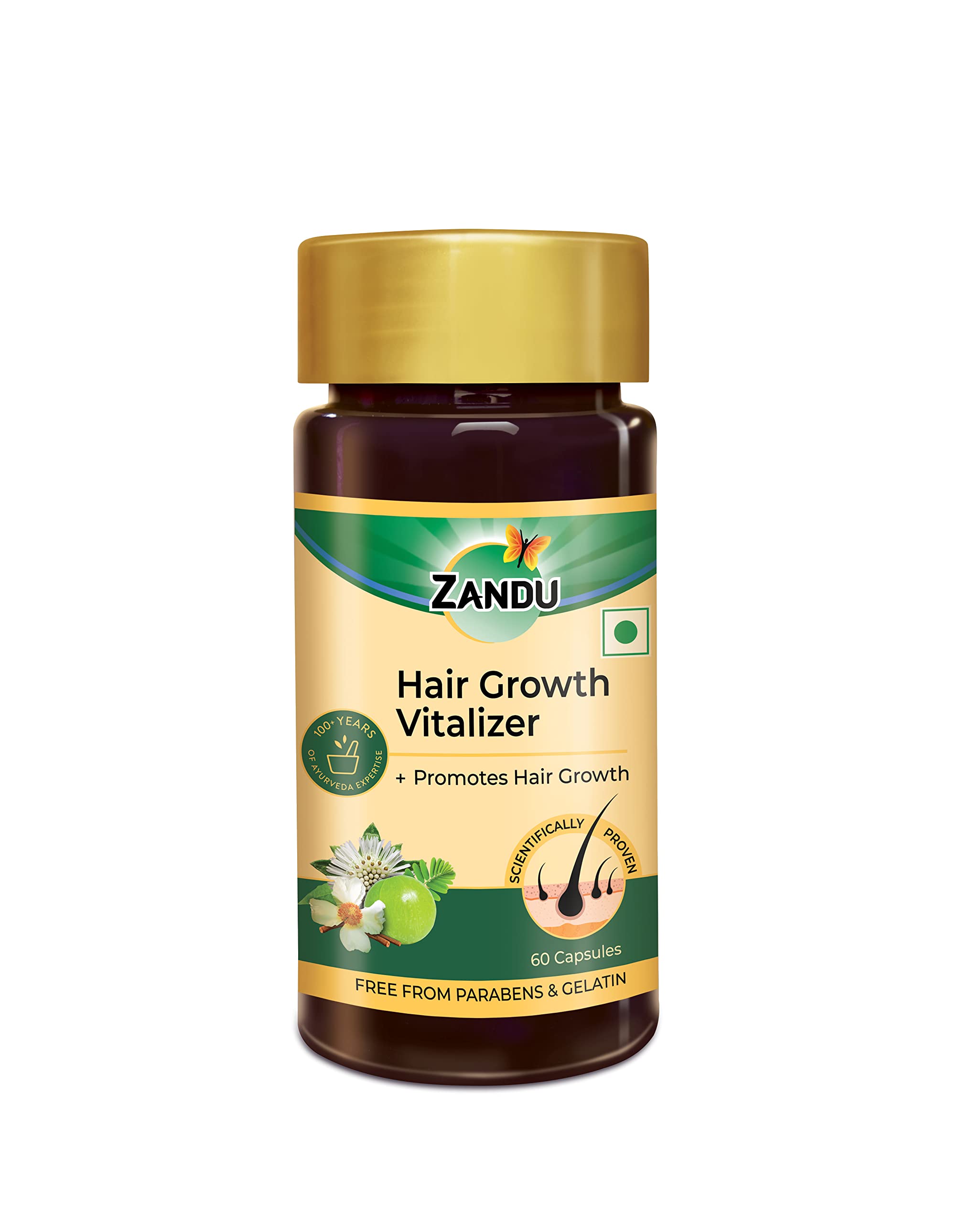 Zandu Hair Growth Vitalizer - Herbal Supplement for Hair & Scalp Nourishment | 60 Capsules | Promotes Healthy Hair Growth | Ideal for Thinning Hair & Scalp Care | Perfect for Daily Hair Wellness Routine
