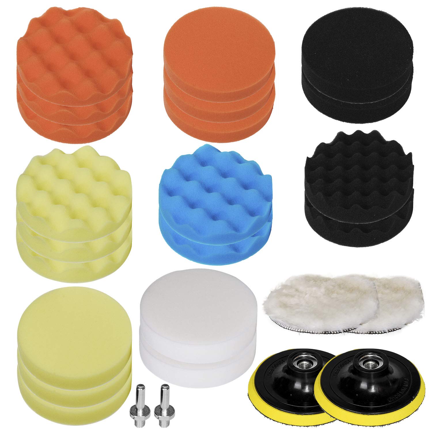 HIFROM 26-Piece 5-Inch (125mm) Drill Polishing Pad Buffing Sponge Kit for Cars - Foam Pads Set with M14 Drill Adapter & Shank - Perfect for Auto Detailing, Polishing, and Waxing