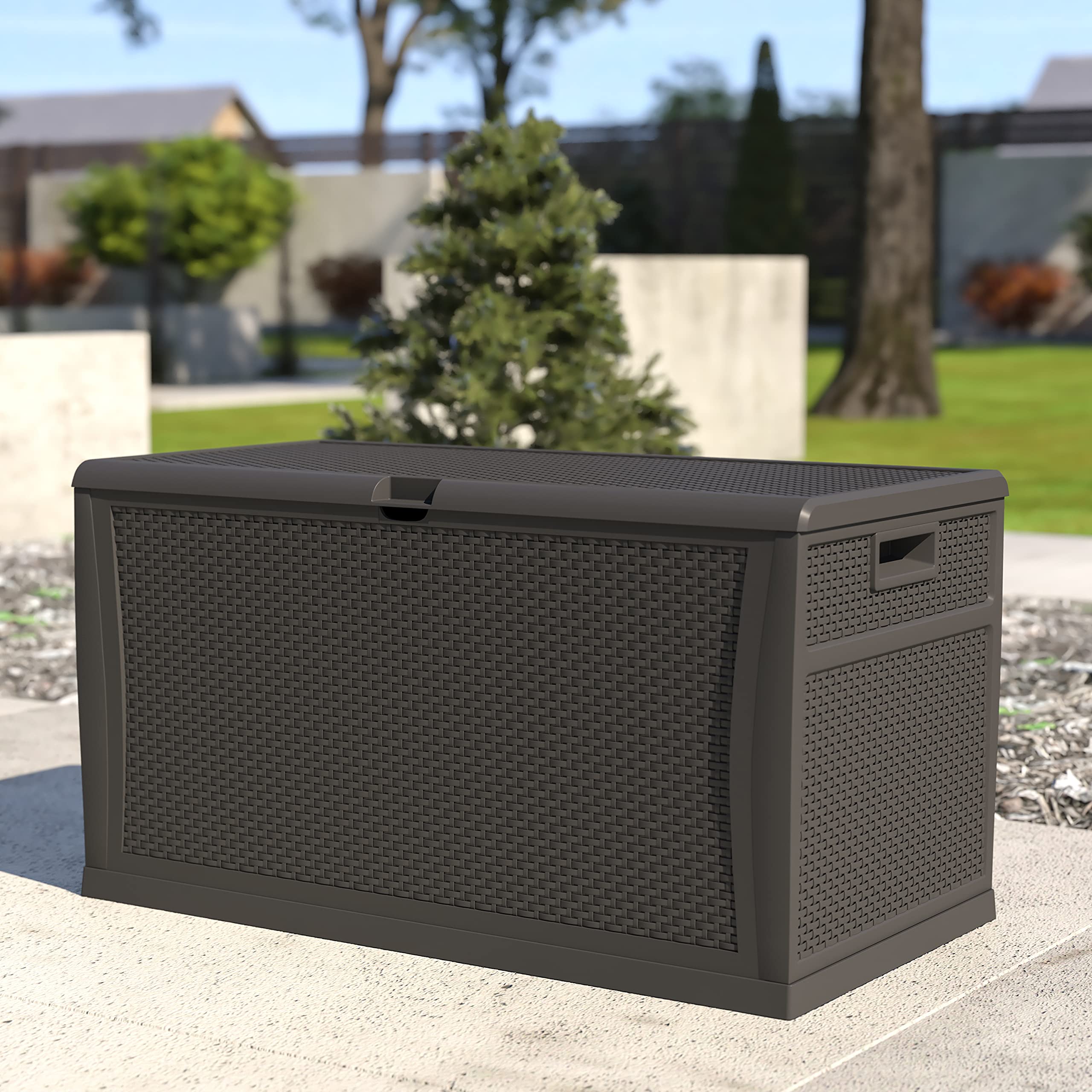EMMA + OLIVER 120 Gallon Gray Plastic Deck Box - Outdoor Patio Storage Solution for Cushions, Pool Toys & Garden Tools | Perfect for Backyard, Deck & Poolside Organization