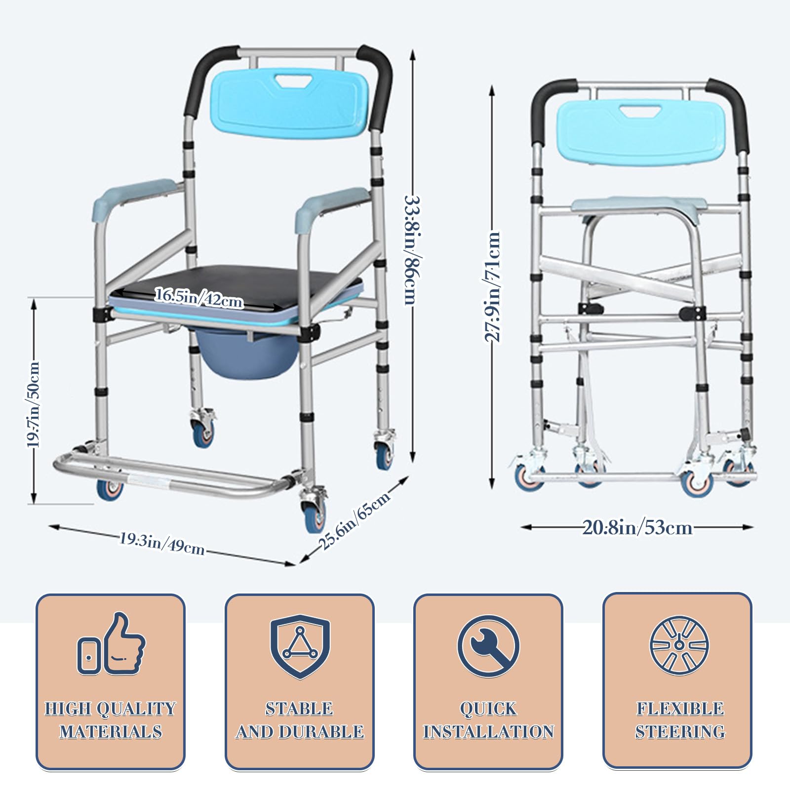 Shower Chair with Wheels - 330 lbs Weight Capacity Rolling Bath Commode for Elderly & Disabled - Adjustable Height Toilet Safety Chair for Home & Hospital Use (White)