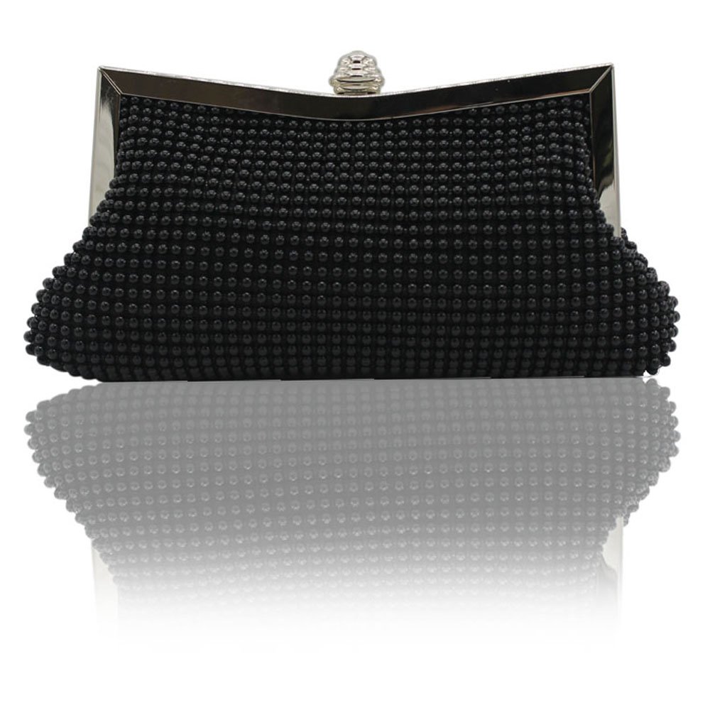 Kingluck Women's Elegant Aluminum Framed Clutch Bag with Satin Lining & Pearl Accents - Perfect for Evening Parties, Weddings & Special Occasions (Black)