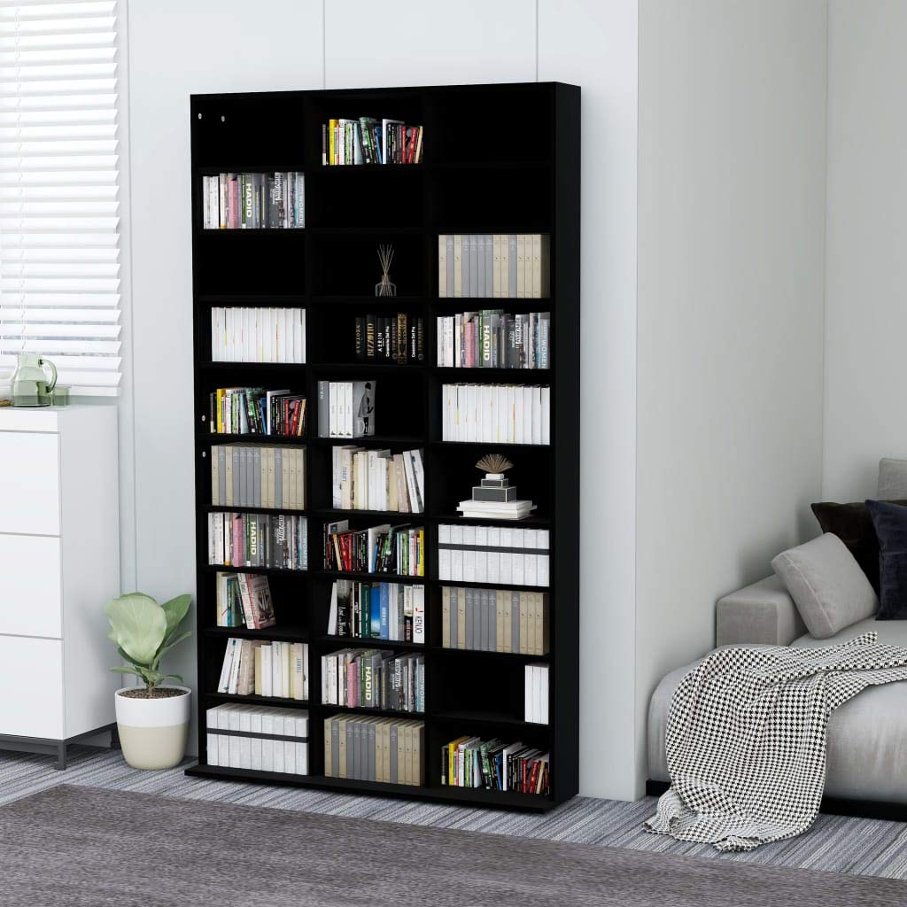 Black Multimedia Storage Cabinet for DVDs, Blu-ray Discs, Video Games, Books & CDs - 40.6x9x69.9 Inches Chipboard Organizer - Perfect for Living Room, Home Theater & Game Room Storage