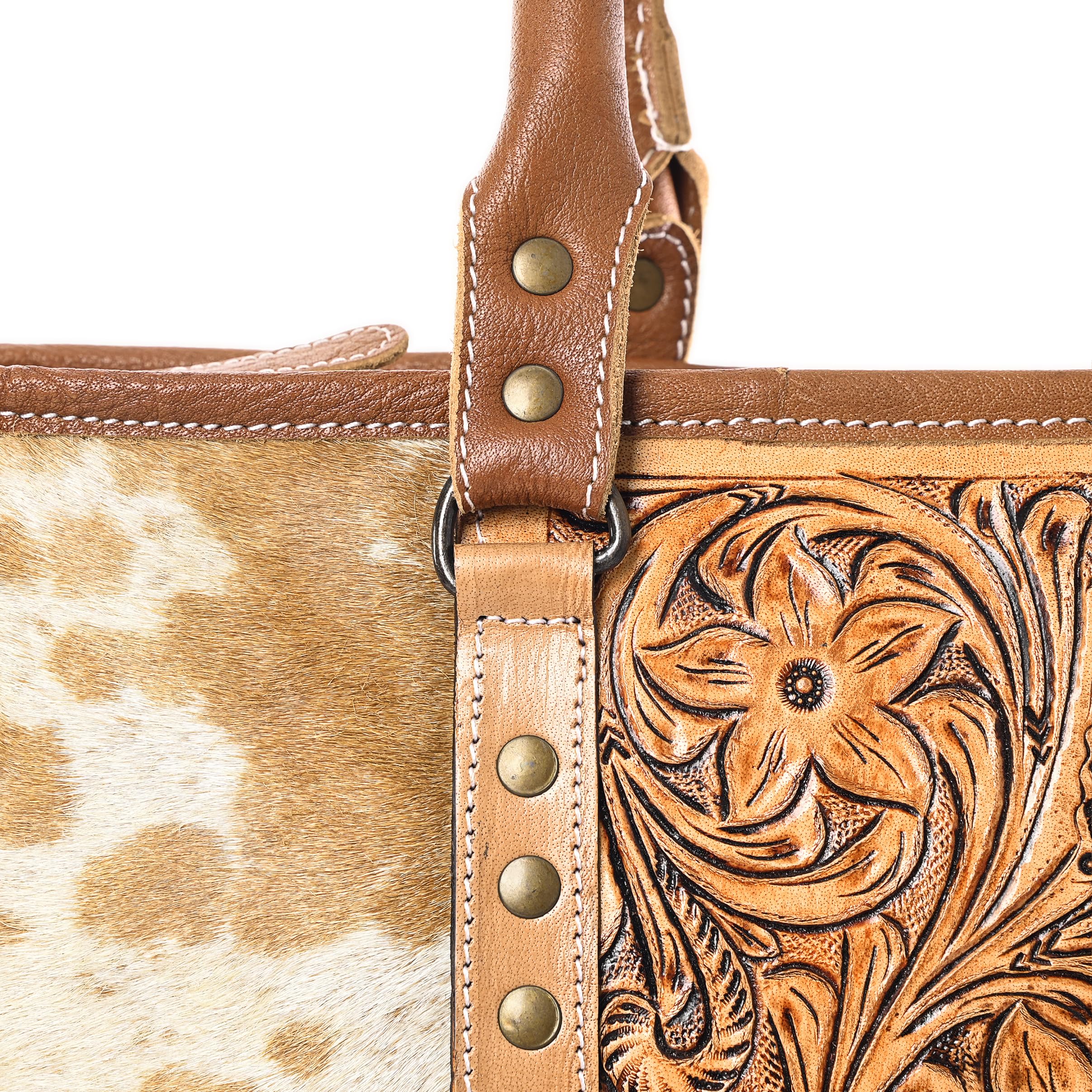 Western Cowhide Leather Tote Bag for Women with Adjustable Tooled Shoulder Strap - Stylish Handmade Leather Purse for Work, Travel & Everyday Use