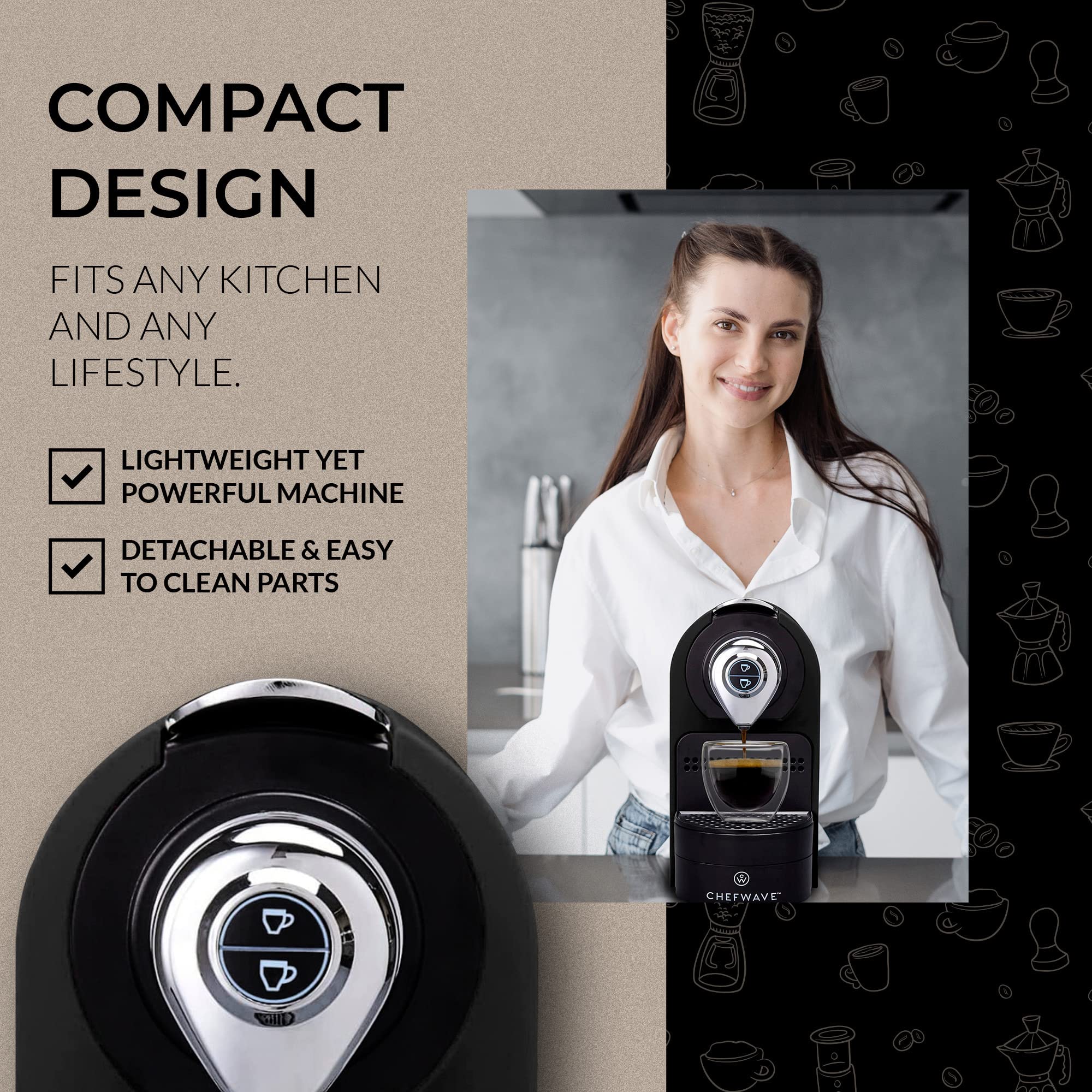 ChefWave Espresso Machine & Coffee Maker with 20 Bar Pump - Compatible with Nespresso Capsules, Programmable One-Touch Operation, Includes Pod Holder & Glasses (Black) - Perfect for Home, Office & Coffee Shops