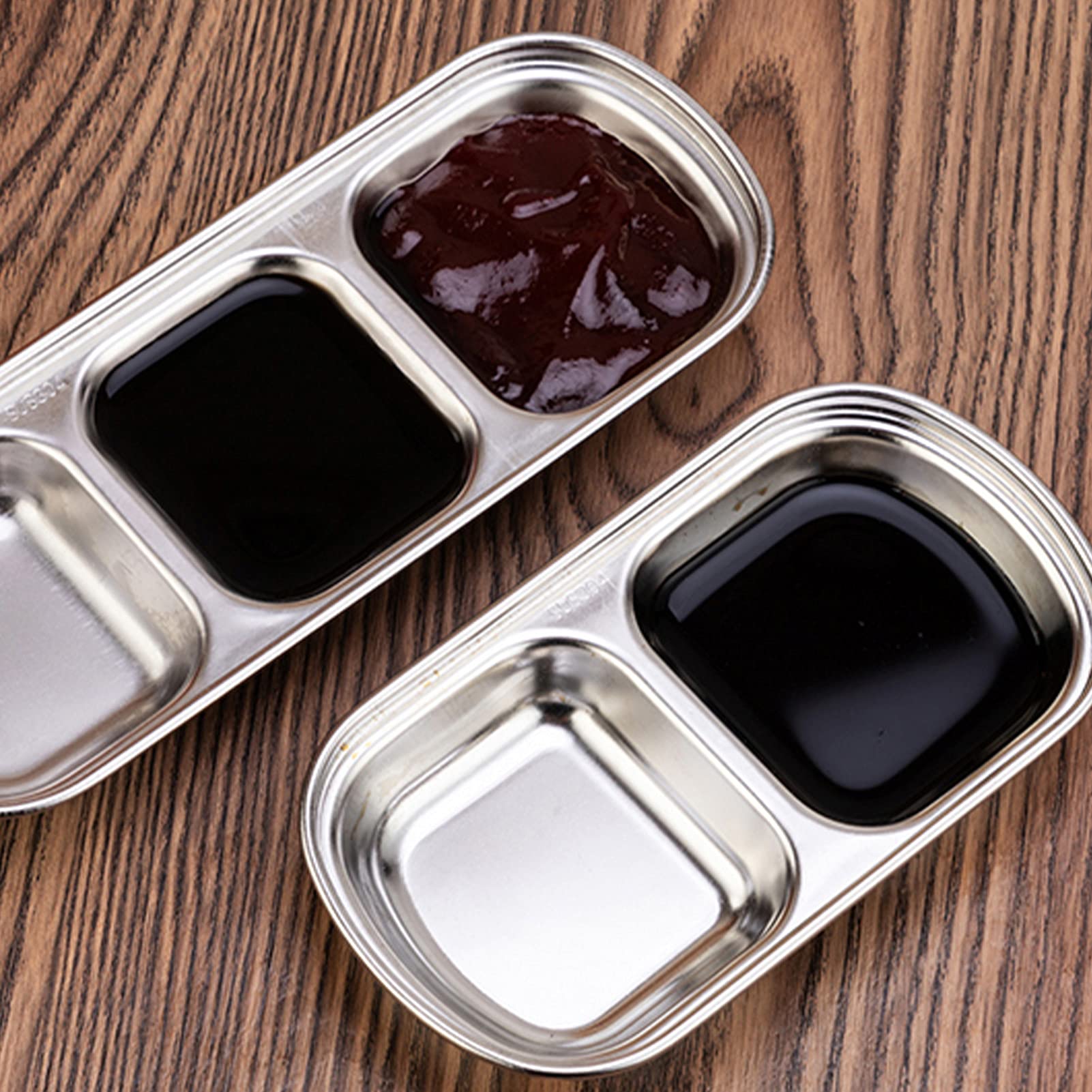 6.02 Inch 304 Stainless Steel Divided Sauce Dish - 2/3 Compartment Korean Ketchup Bowl, Thickened Hot Pot Sauce Tray, Multi-Purpose Seasoning Dip Container for Camping, Hiking, BBQ, Picnics & Home Kitchen Use