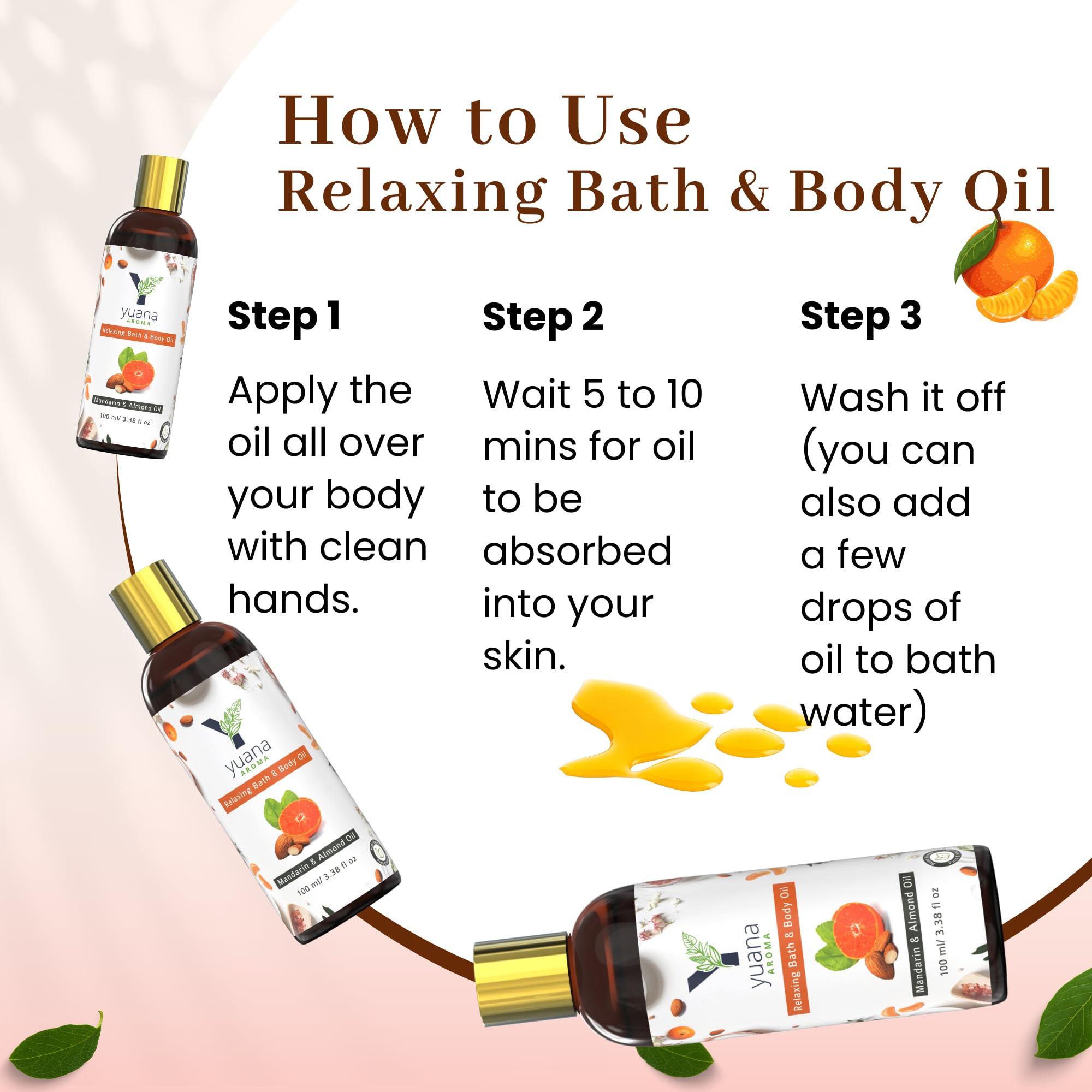 Yuana Aroma Relaxing Bath and Body Oil - 100% Natural with Almond Oil, Mandarin & Bergamot Essential Oils | Promotes Relaxation, Better Sleep & Glowing Skin | At-Home Spa Experience | 100ml | Perfect for Stress Relief, Self-Care Nights & Romantic Baths