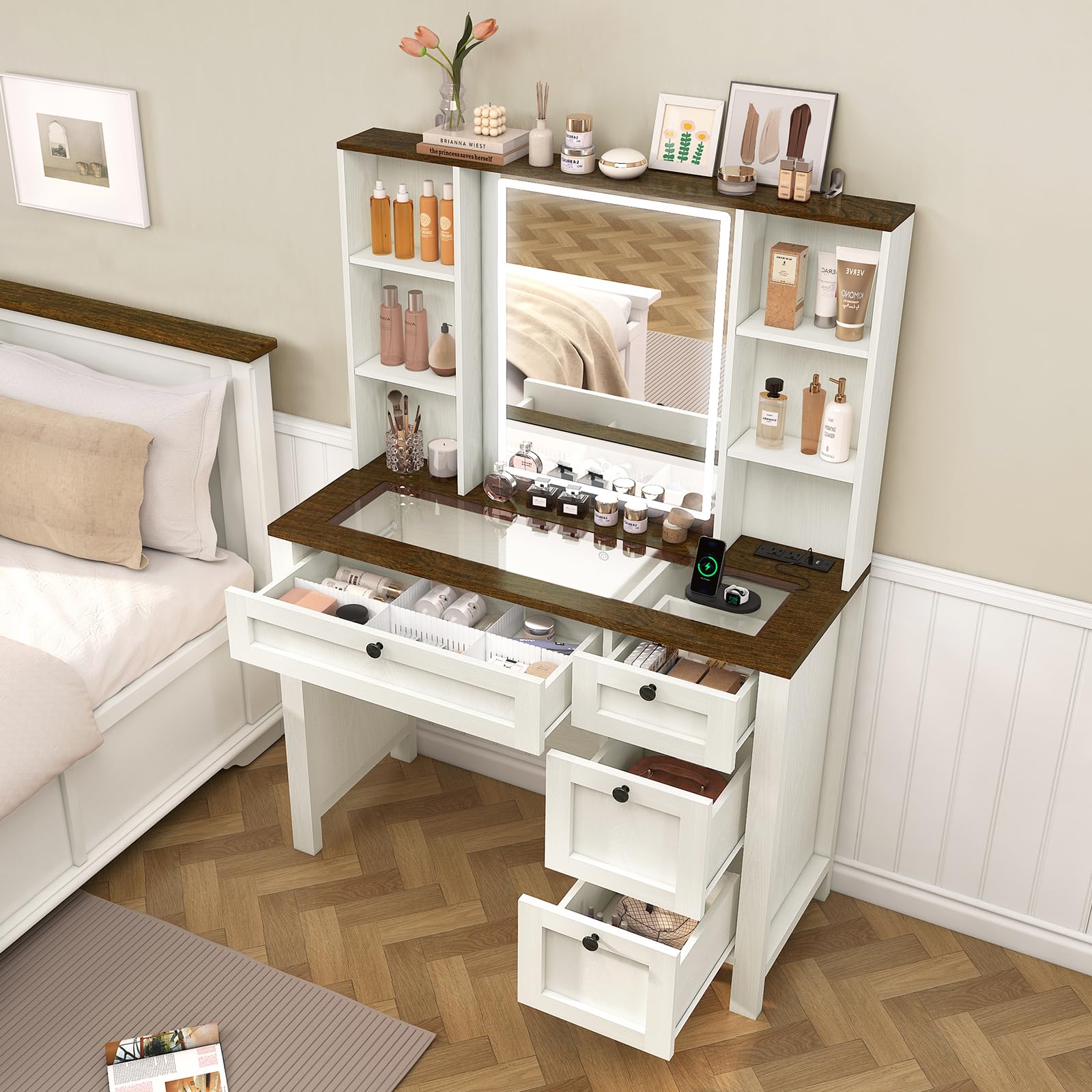 Antique White Vanity Desk with Glass Tabletop, Power Outlet & LED Lights - Makeup Vanity Set with Mirror, 4 Drawers & 6 Shelves - Perfect for Bedroom Organization & Beauty Routine