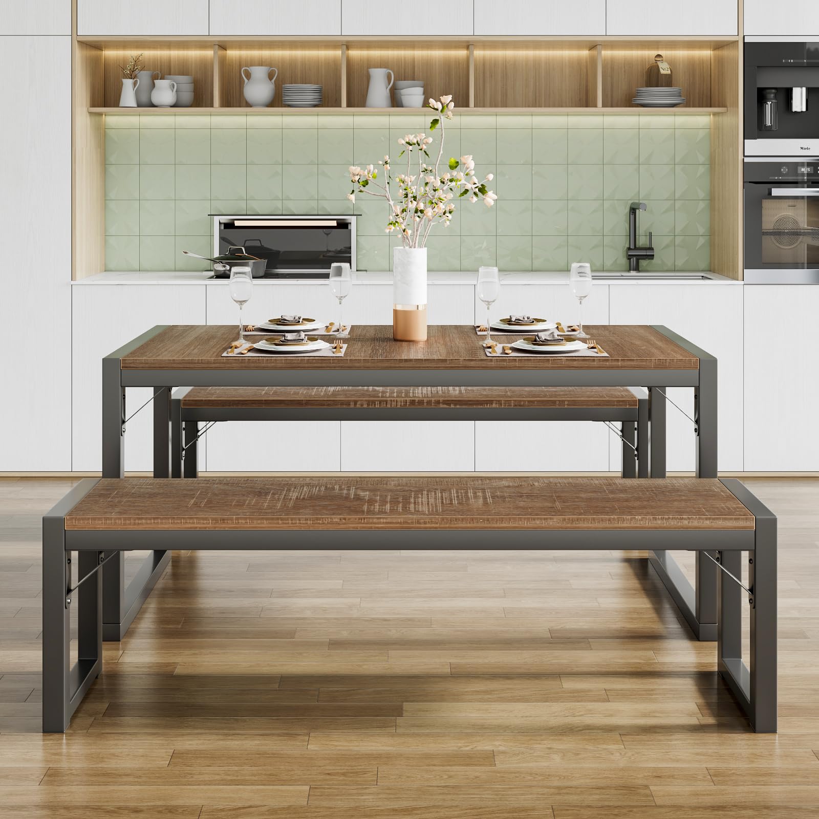 Rustic SHA CERLIN 4-Piece Kitchen Dining Table Set with Benches - Space Saving Small Dinette, Heavy Duty Metal Frame - Perfect for Apartments, Small Kitchens & Cozy Dining Spaces