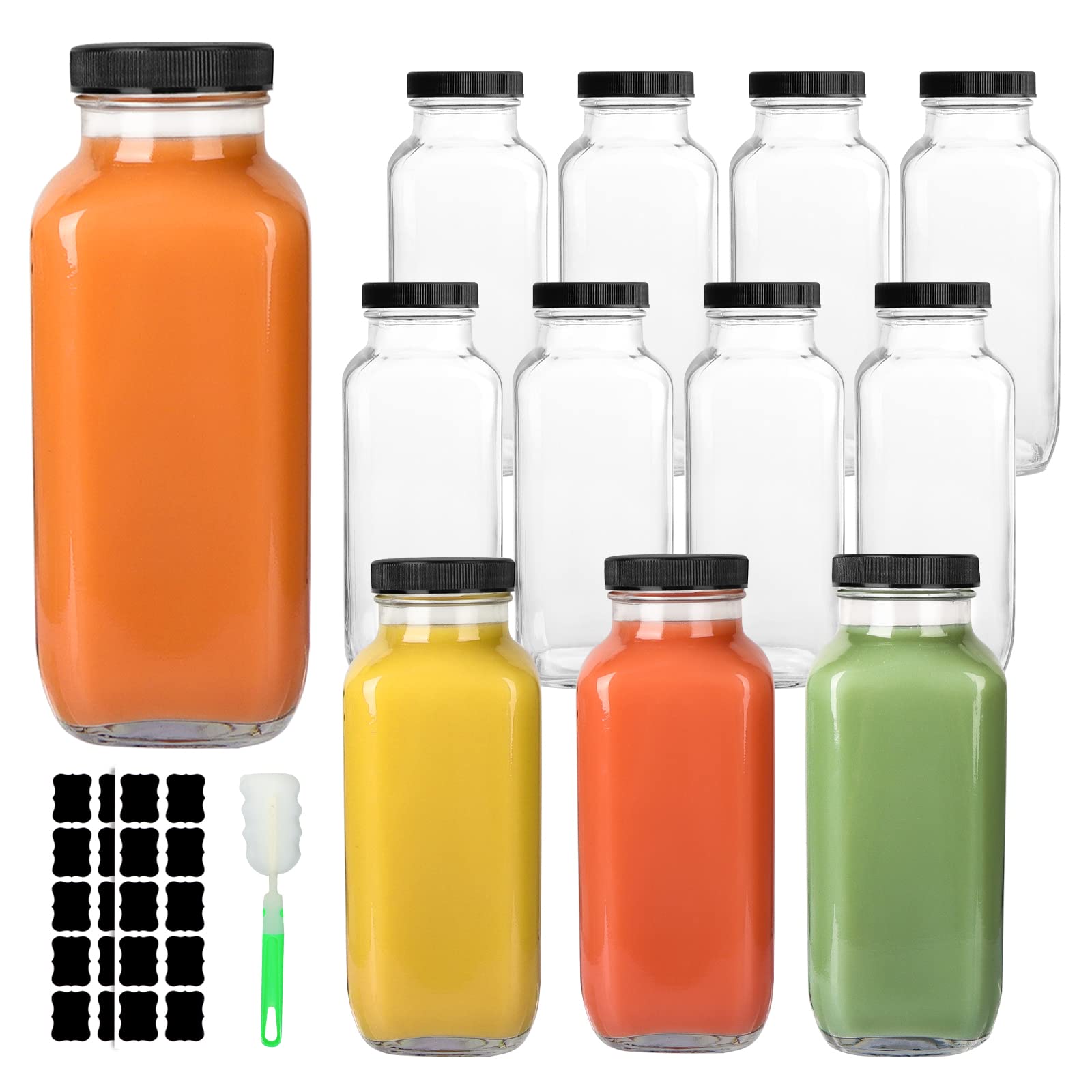 12 Pack 16oz Vintage Square Glass Drink Bottles with Lids - Reusable Juice & Beverage Containers for Milk, Kombucha, Smoothies - Perfect for Home, Office, Picnics & Meal Prep