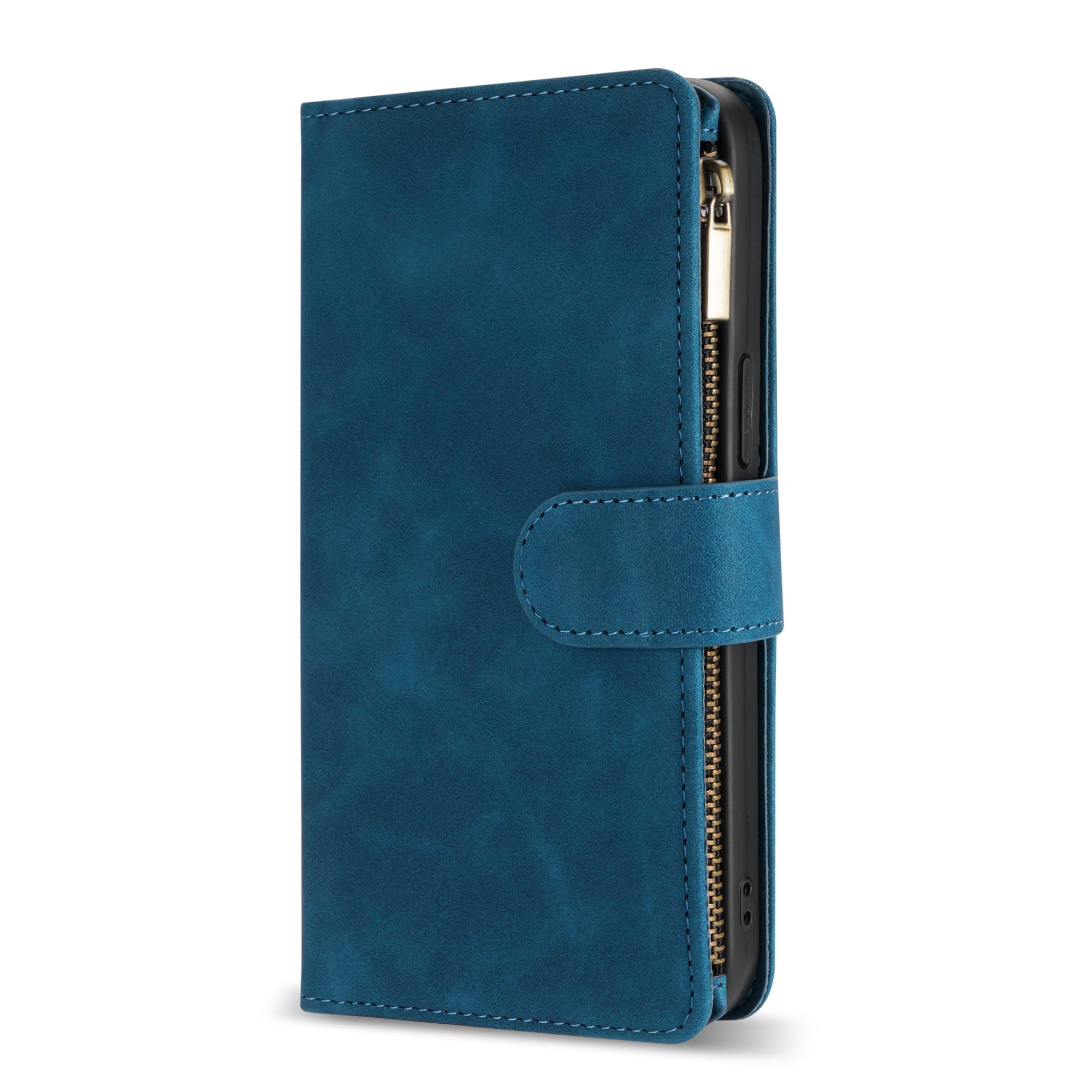 Premium Soft PU Leather Zipper Flip Wallet Case for Samsung Galaxy S22 (6.1 Inch) - Card Slots, Wrist Strap & Kickstand | Protective Cover for Everyday Use, Travel & Business Meetings (Blue)