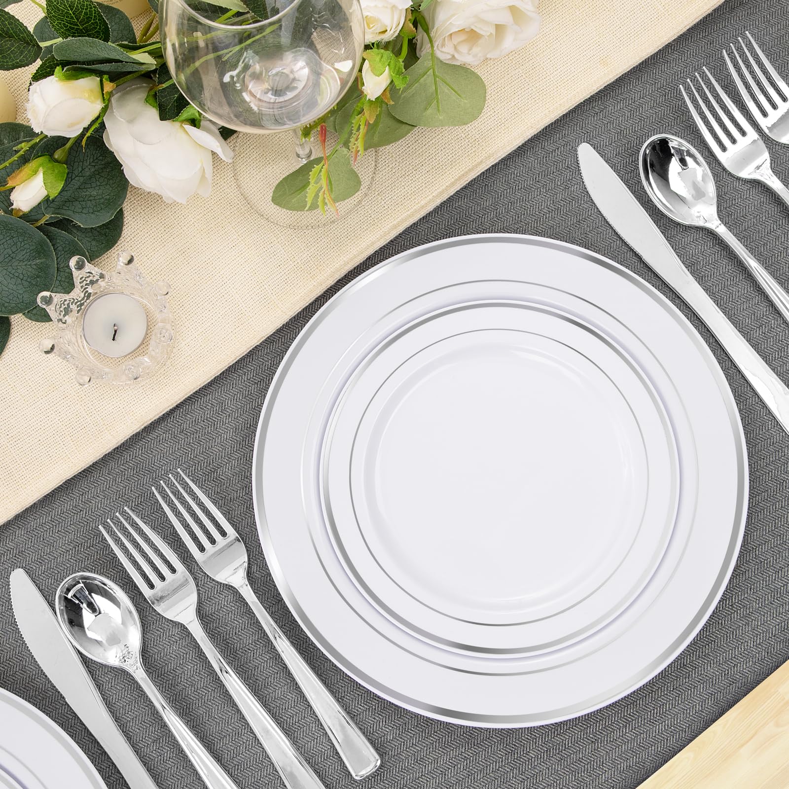 FLOWERCAT 60-Pack Heavy Duty Silver & White Plastic Plates Disposable - 30PCS 10.25