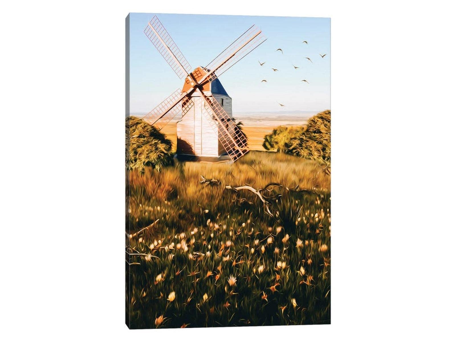 Farmhouse Barn Canvas Wall Art - Vintage Windmill & Rustic Landscape Painting, Country Truck Framed Picture for Living Room Decor (32