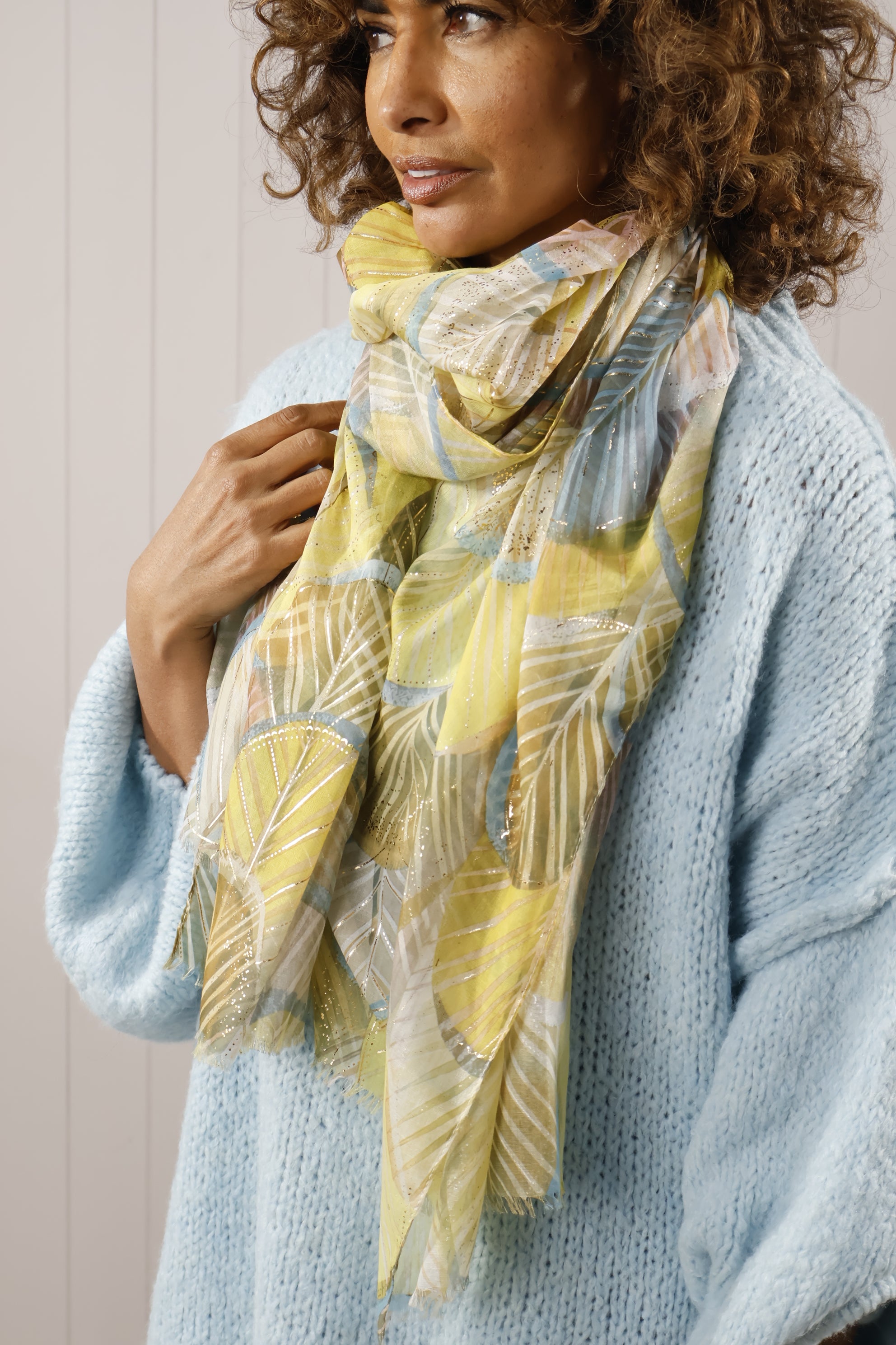 Luxury Gold Leaf Print Scarf - Soft Yellow Silk Fashion Scarf for Women - Elegant Accessory for Parties, Weddings & Special Occasions