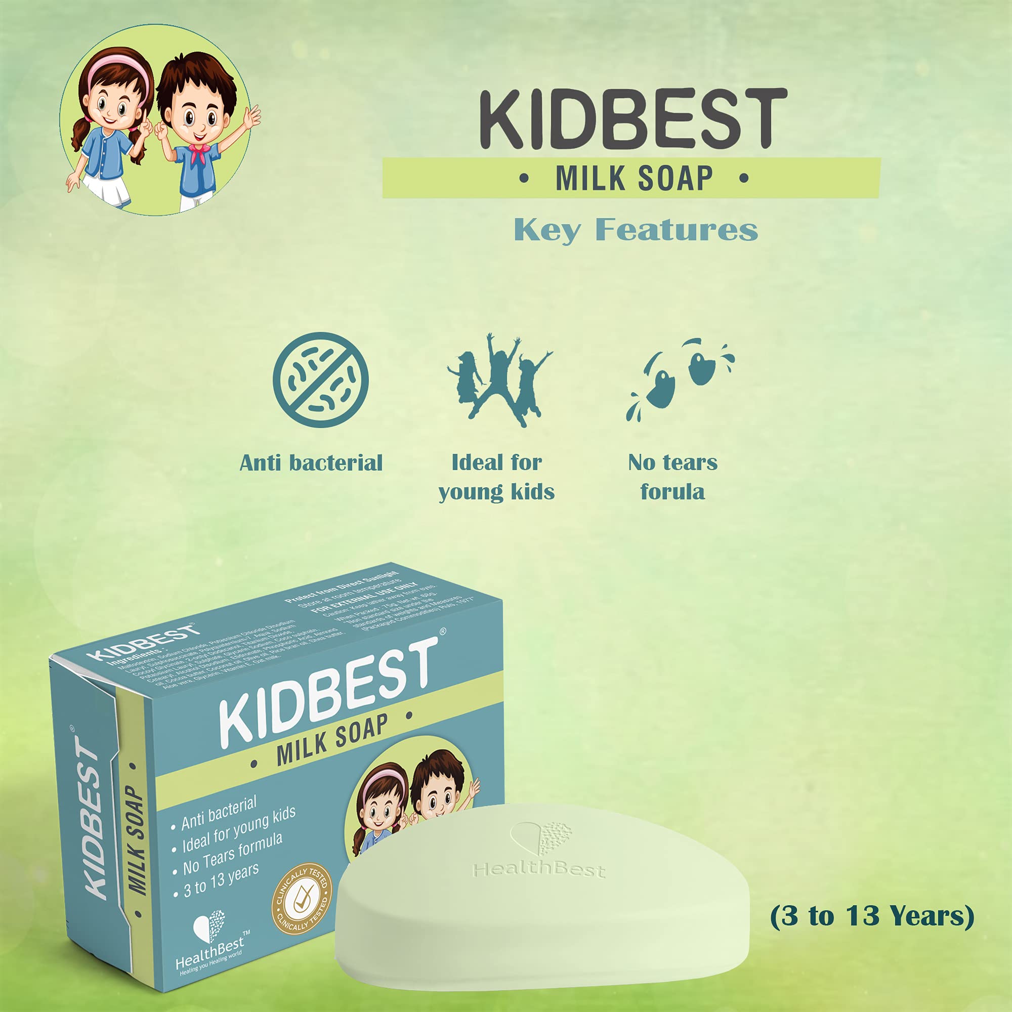 Healthbest Antibacterial Milk Soap for Kids - Gentle Cleansing for Normal, Sensitive & Dry Skin | Tear-Free Formula | Pack of 3 | Ideal for Daily Bathing & Baby Skin Care