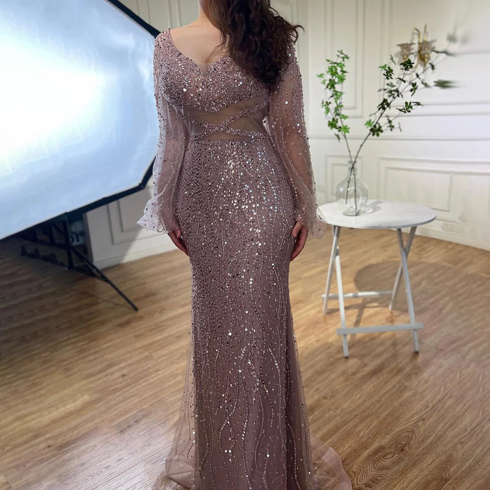 Elegant Beaded V-Neck Mermaid Evening Gown for Women - Sexy Mint Green Arabic Luxury Party Dress - Perfect for Prom, Gala, and Formal Events 2025 LA71784