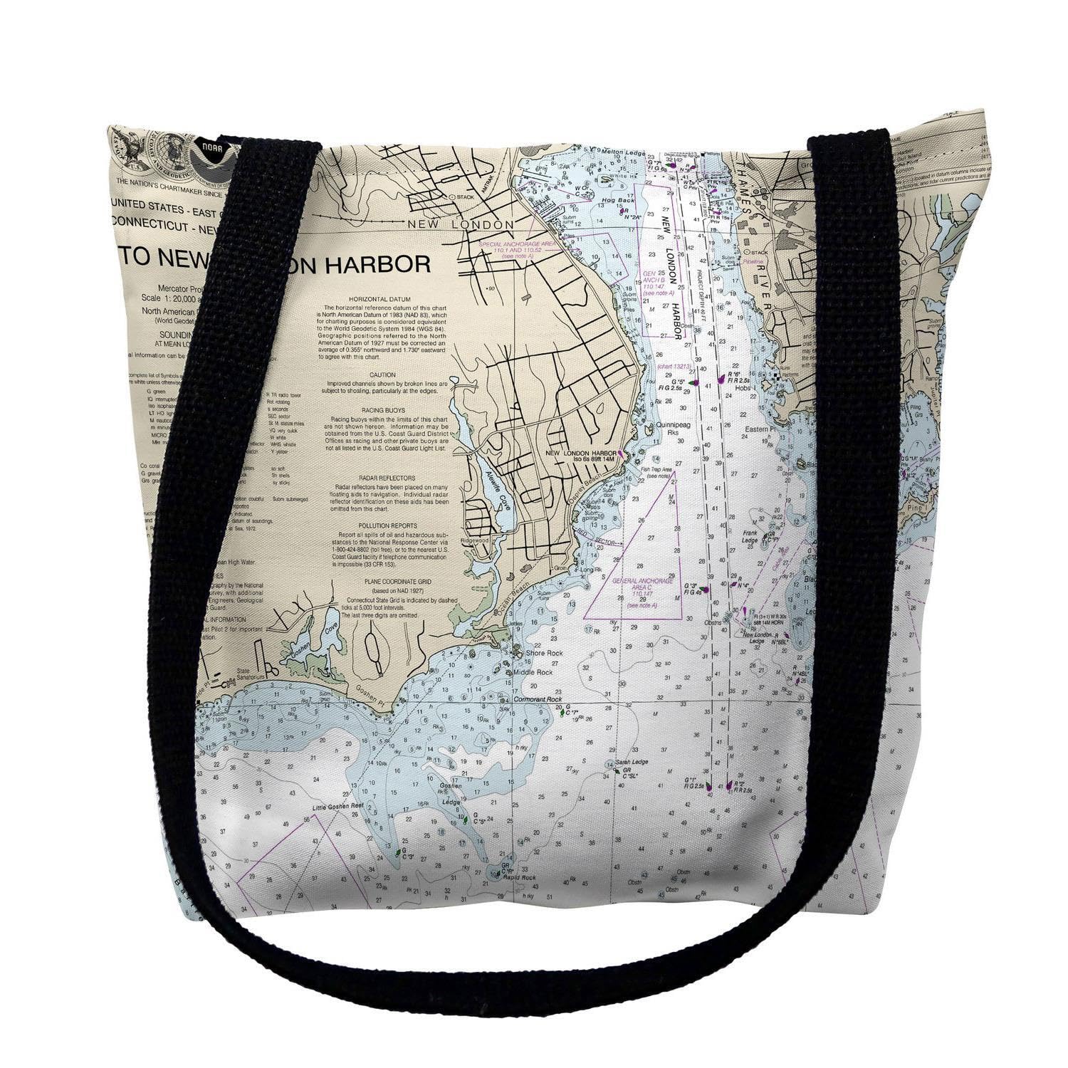 Betsy Drake TY13212NLM 16x16 Inch New London Harbor Connecticut Nautical Map Tote Bag - Medium Black Canvas Shopping Bag for Beach, Grocery & Travel