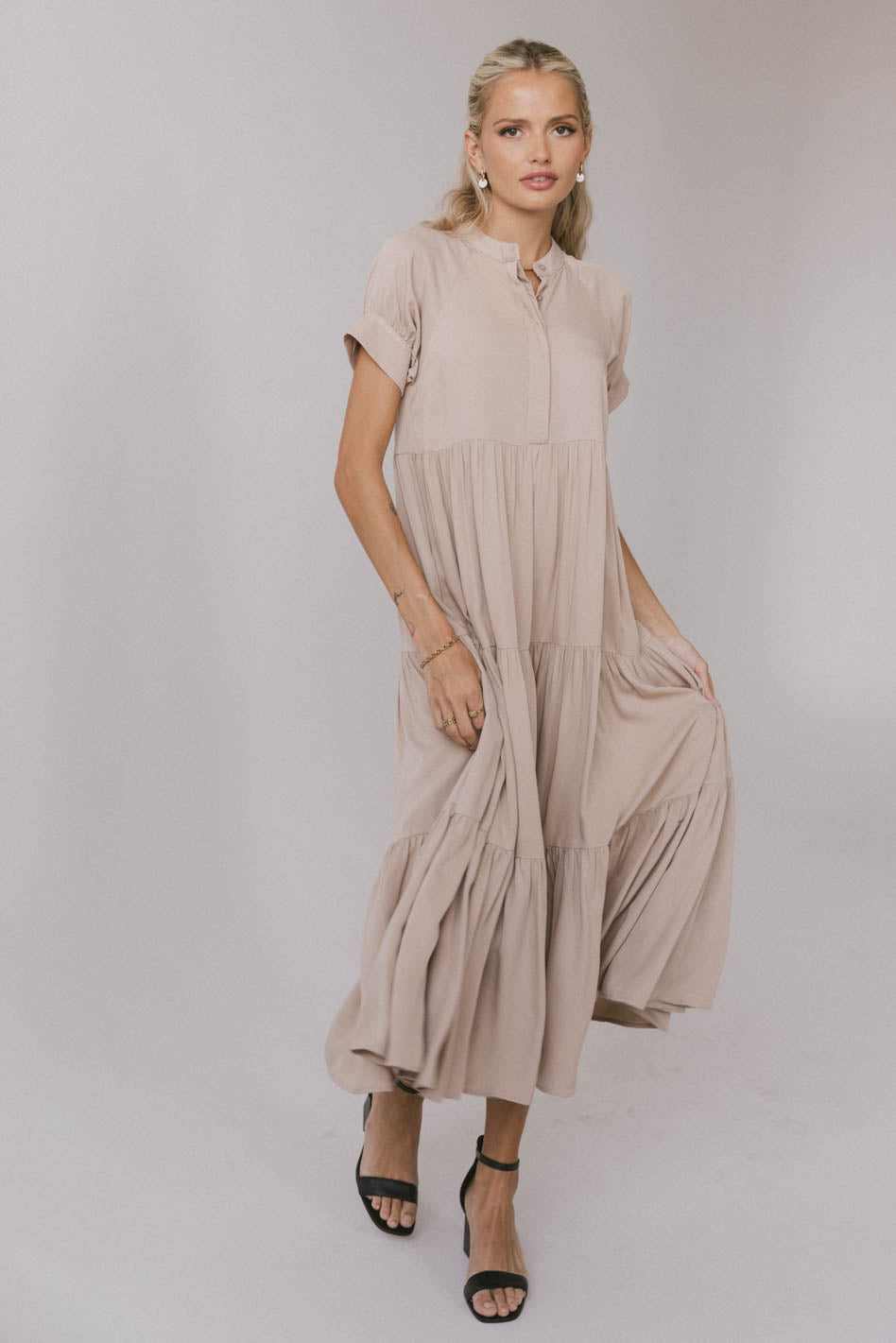 Amanda Tiered Maxi Dress in Tan - Women's Boho Flowy Summer Dress for Beach, Wedding & Vacation - FINAL SALE
