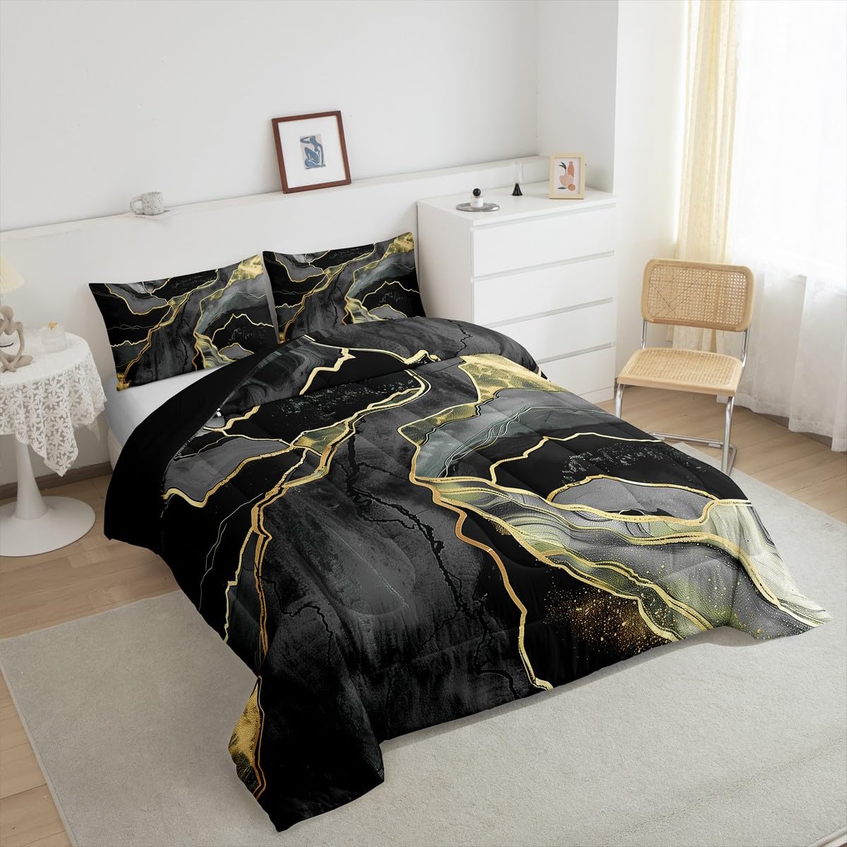Luxury Black Gray Comforter Set with Marble Gold Sequins - Twin Size Bedding Set for Kids, Boys, Girls & Teens | Soft Lightweight Duvet Cover with Abstract Marble Texture Print | Includes 1 Pillowcase | Perfect for Bedroom Decor, Gift Ideas & Cozy Sleep