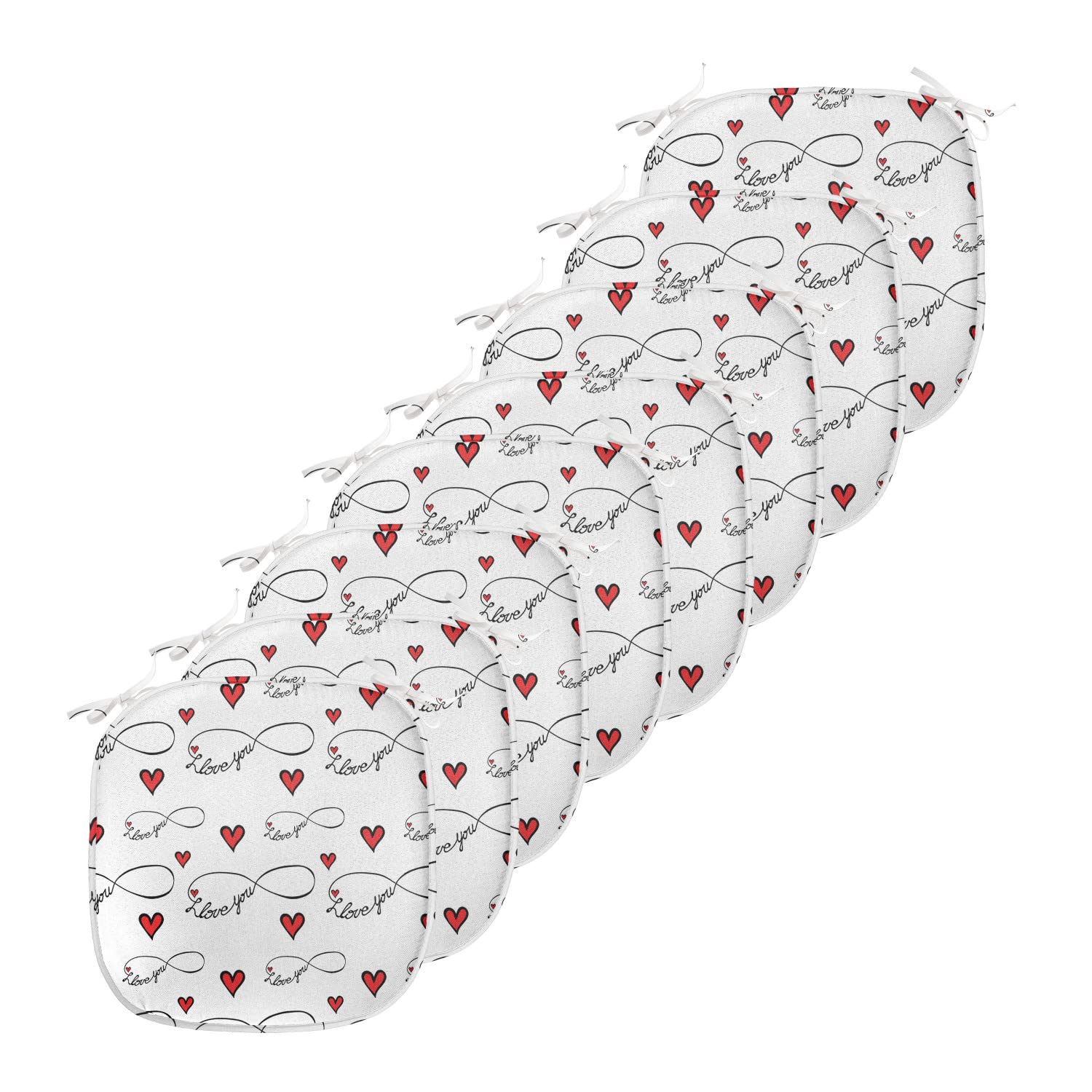 Ambesonne I Love You Chair Cushion Set of 8 - Romantic Red Hearts Valentine's Day Gift, Non-Slip Seat Pads for Kitchen, Dining, Patio & Office (16x16 Inch, Red Black White) - Perfect for Couples Gifts, Anniversary Decor & Home Accents
