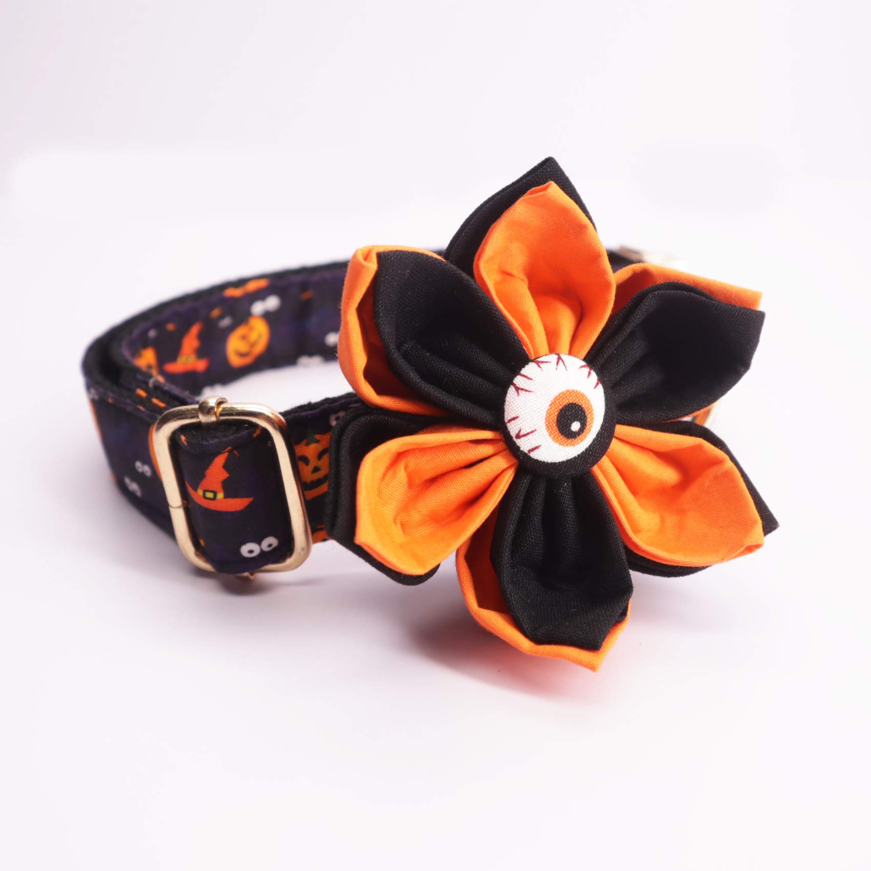 Halloween Dog Collar with Ghost & Flower Design - Orange Pet Collar for Small Medium Large Dogs - Perfect for Halloween Parties, Pet Costumes & Photo Shoots