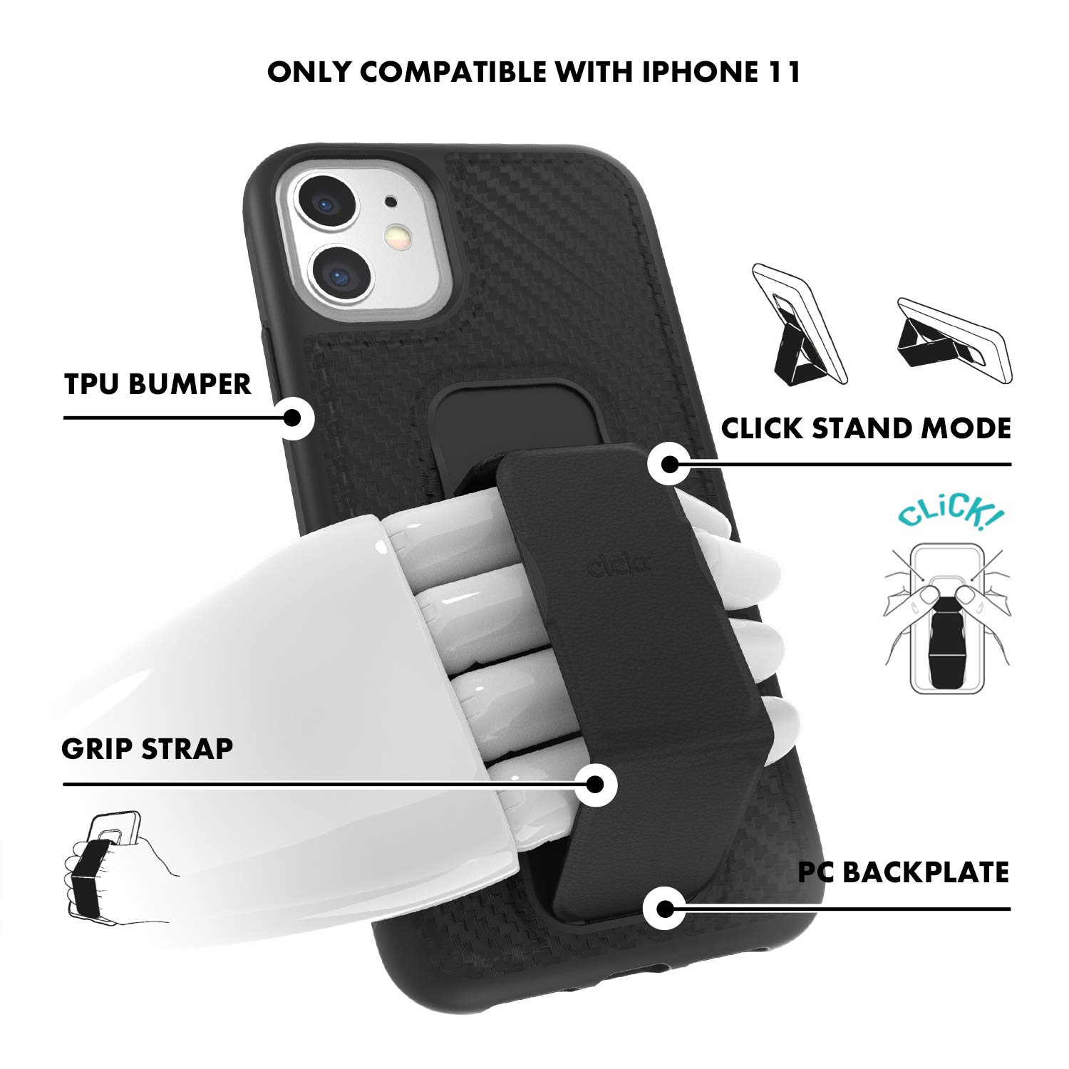 CLCKR iPhone 11 Case with Kickstand & Phone Grip Holder - Carbon Fiber PU Black Protective Cover with Expandable Stand | Perfect for Watching Videos, Gaming, and Hands-Free Calls