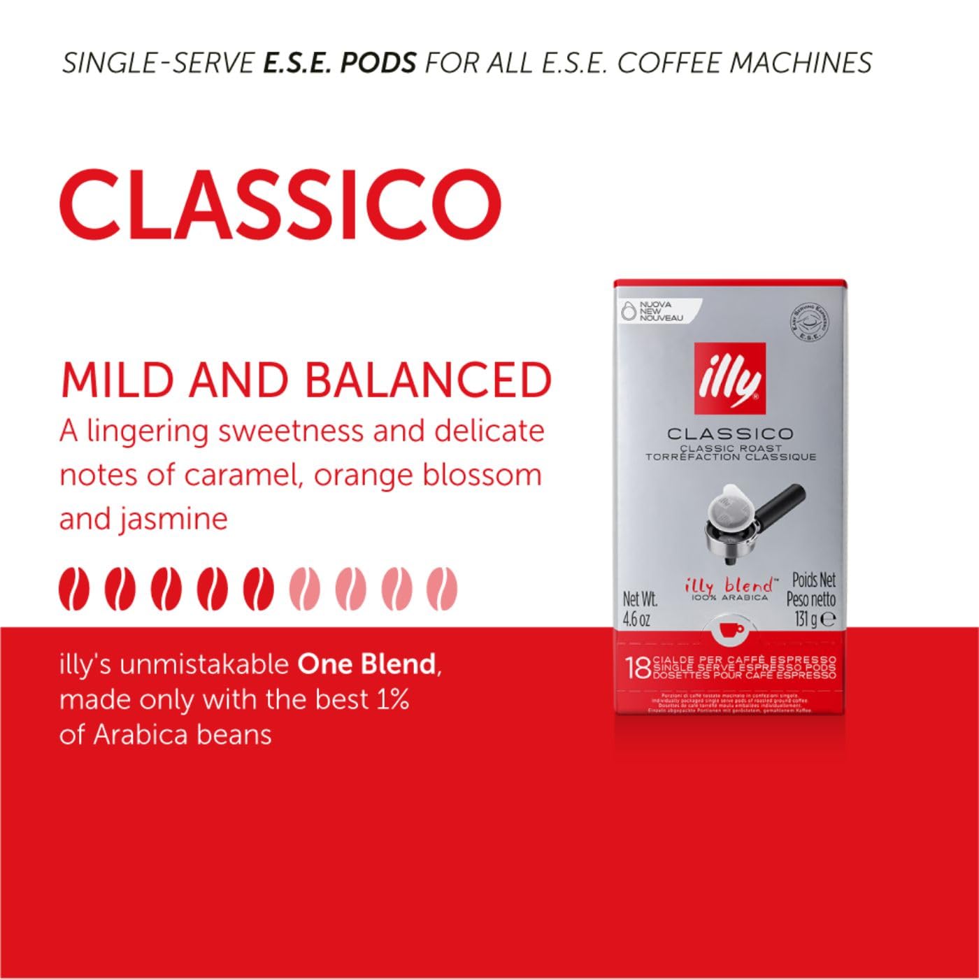 Illy E.S.E. Coffee Pods - Classico Medium Roast Single-Serve Capsules with Chocolate & Caramel Notes (18 Count, 12 Pack) - Compatible with E.S.E Coffee Machines - Perfect for Home, Office or Gifts - Rich Aroma & Full Body Espresso Experience