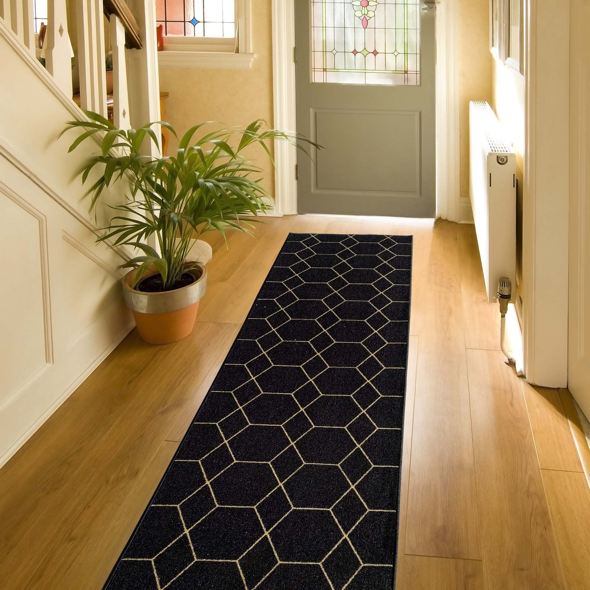 Hexagon Trellis Non-Slip Stair Runner Rug - Custom Size 31in x 24ft, Black & Gold Rubber Backed Carpet for Hallway, Stairs, Entryway - Durable & Safe Floor Mat for Home Decor