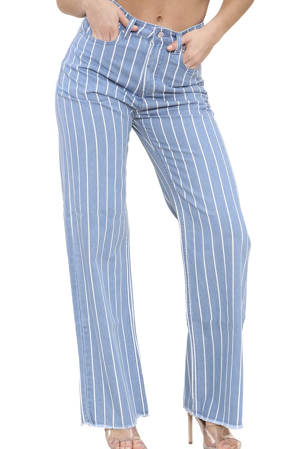 Fashion Star Women's High Waisted Striped Wide Leg Ankle Length Denim Jeans - Zara Style Mom Jeans - Blue Medium (UK 10) - Perfect for Casual Outings, Street Style & Everyday Wear