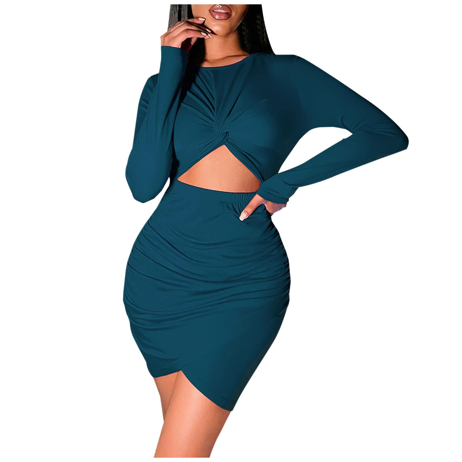 Twoker Women's Lightweight Denim Dress - Long Sleeve Crewneck Hollow Out Waist Slim Fit Oversized Casual Dress for Women | Perfect for Spring Outfits, Date Night & Office Wear