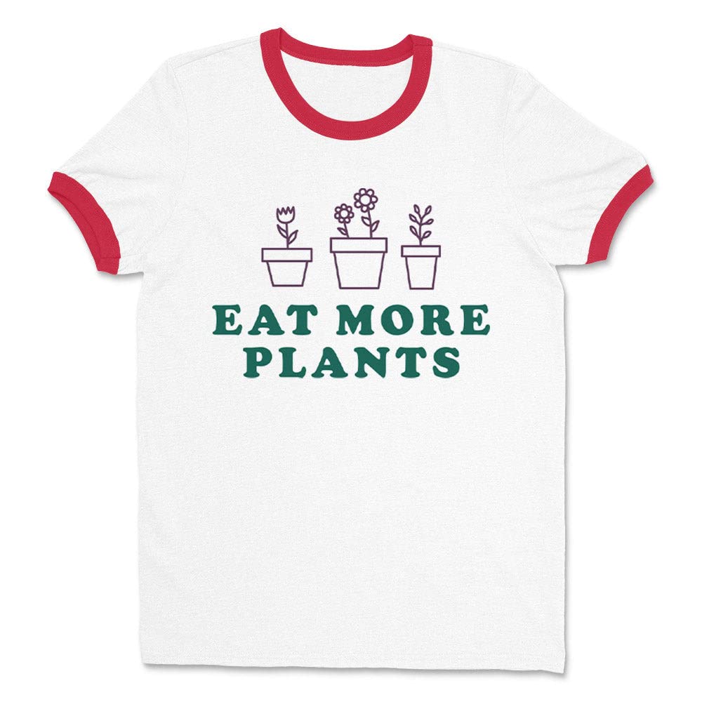 Eat More Plants Unisex Ringer Tee Shirt - Eco-Friendly Vegan Cotton T-Shirt for Men & Women | Perfect for Casual Wear, Gym, and Sustainable Lifestyle