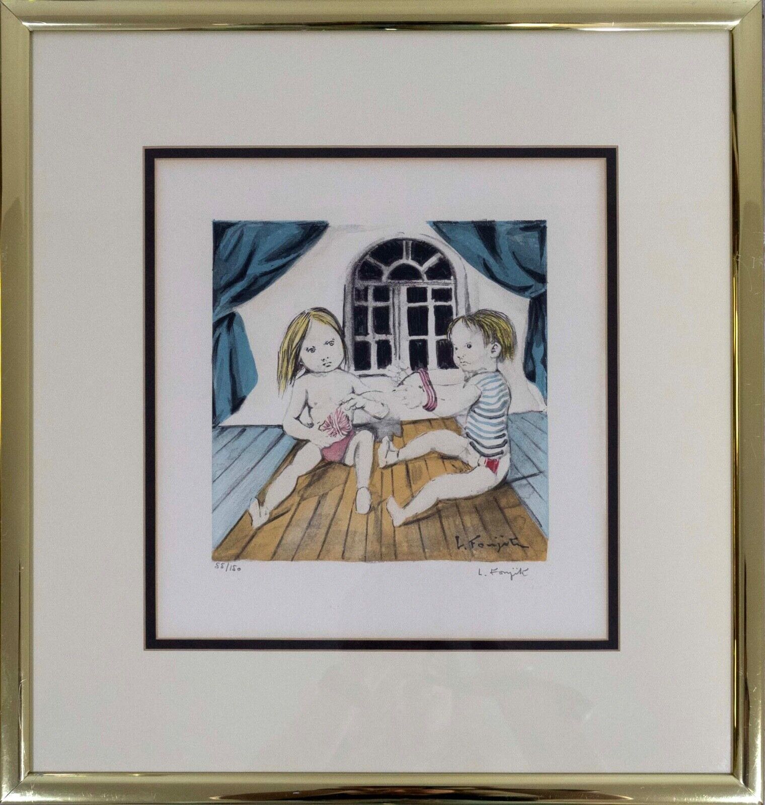 Leonard Tsugouharu Signed Modern Art Lithograph - Framed Knitting Scene Print on Paper 1963 (55/150) - Perfect for Home Decor, Office Wall Art & Vintage Collectibles