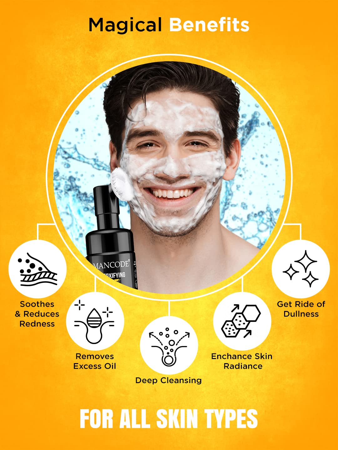 Mancode De-Tan Foaming Face Wash with Brush - Deep Cleansing for Men - Dark Spot & Tan Removal - 150ml - Perfect for Daily Skincare Routine