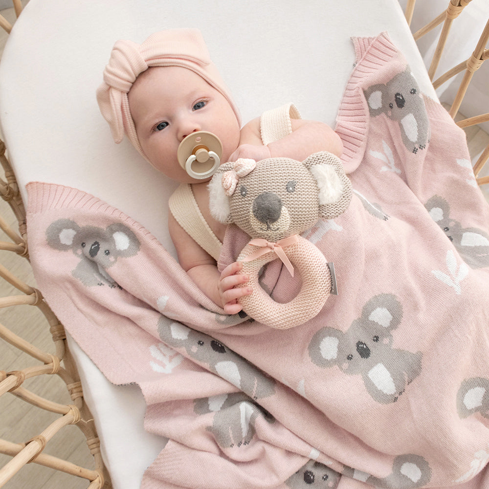 Soft Cotton Knit Australiana Baby Blanket - Blush Koala Design | Perfect for Nursery, Stroller & Gift Giving
