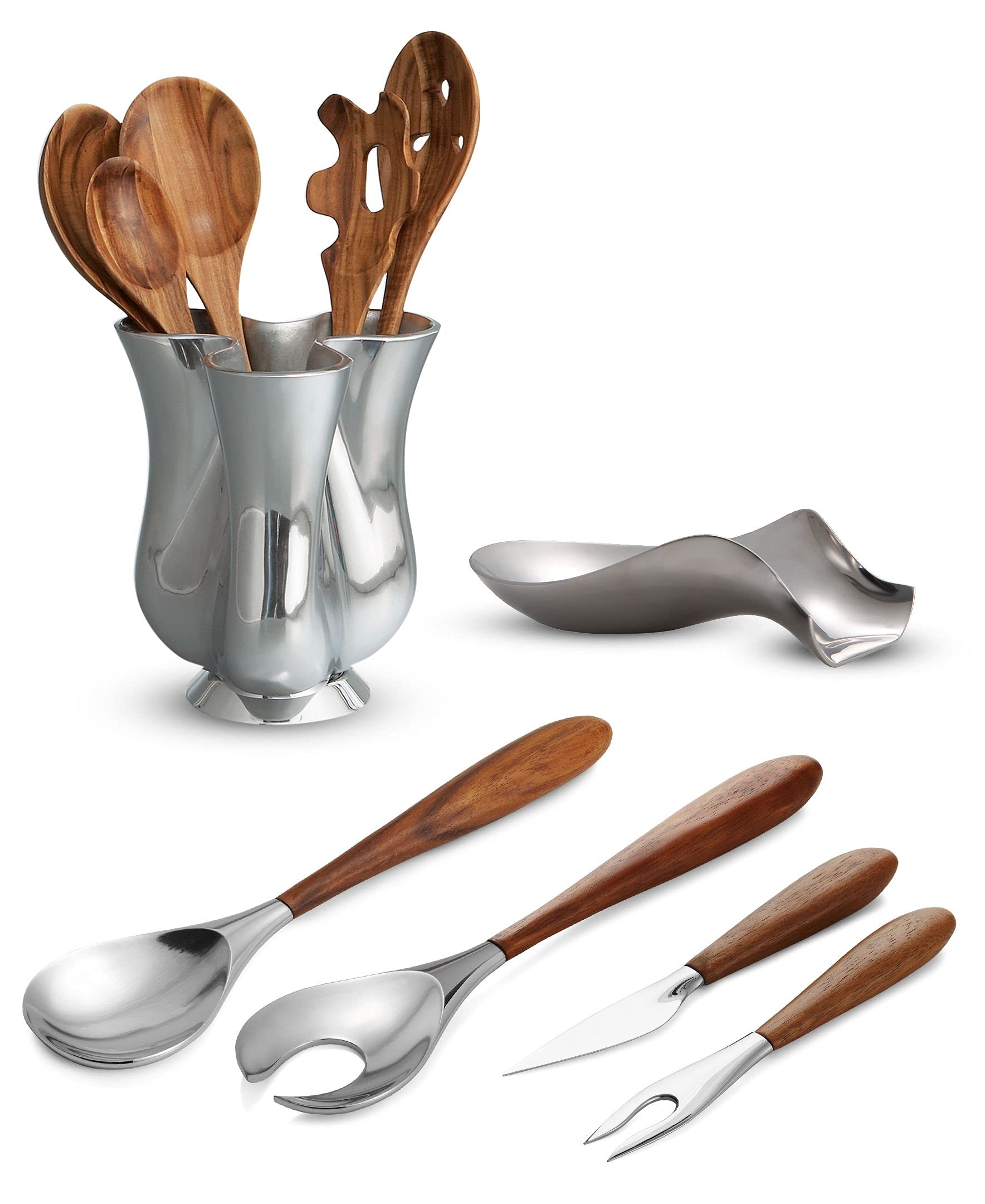 Nambé Tulip Tool Jug with 5-Piece Kitchen Utensil Set | Premium Countertop Utensil Holder with Wooden Spoons & Tools | Durable Nambe Alloy & Acacia Wood Construction | Perfect for Cooking, Baking & Kitchen Organization