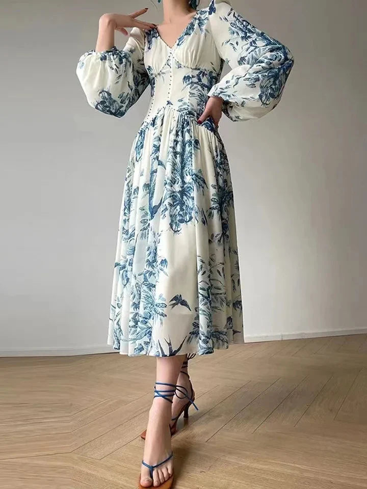 Floral Beaded High Waist A-Line Vintage Party Dress with Lantern Sleeves - Elegant Women's Fashion for Beach Holidays, Cocktail Parties & Special Occasions