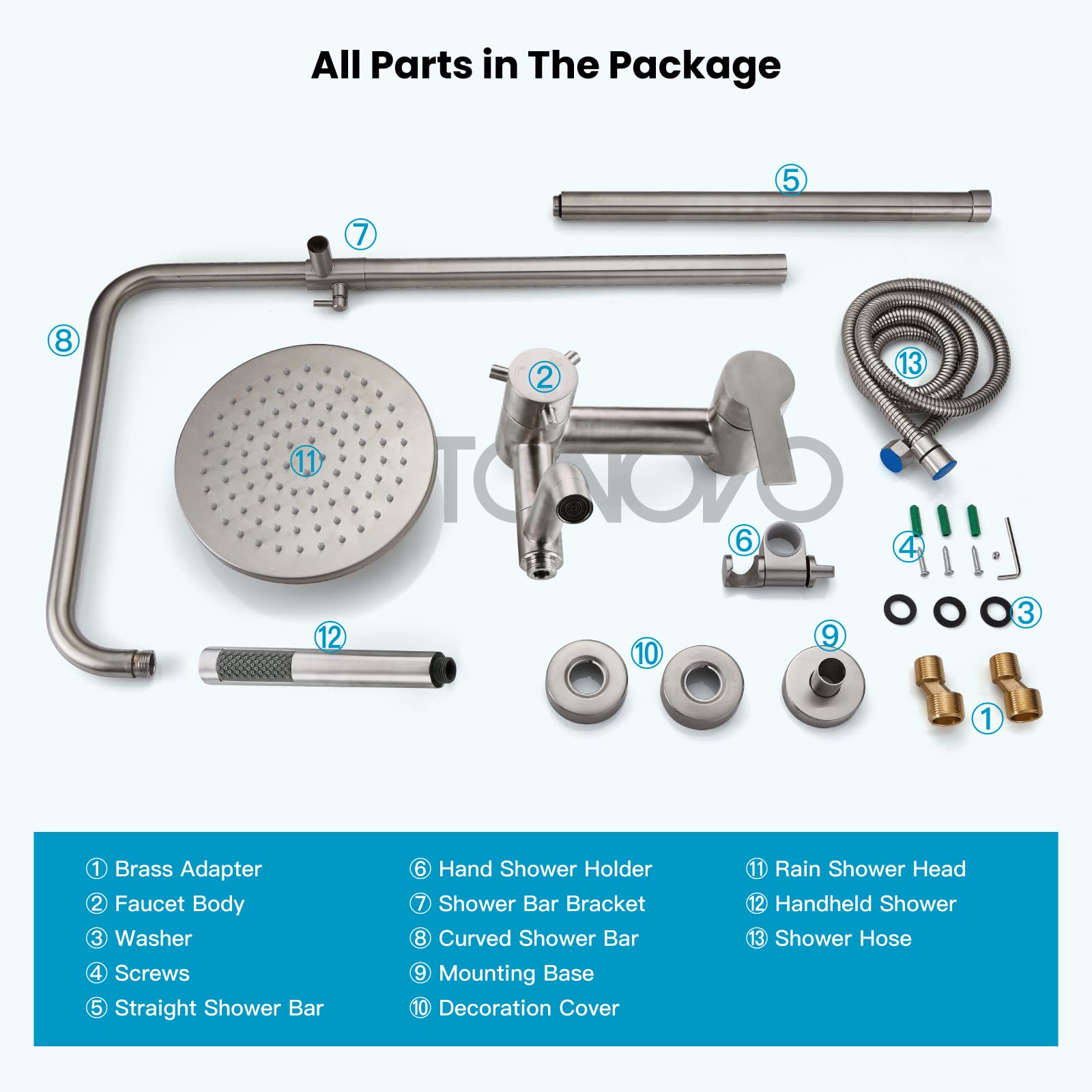 Gotonovo 8 Inch Rainfall Shower Head System - Stainless Steel SUS304 Brushed Nickel Wall Mount Shower Faucet with Hand Spray & Cylinder Handle | Exposed Shower Fixture for Modern Bathroom & Spa Experience